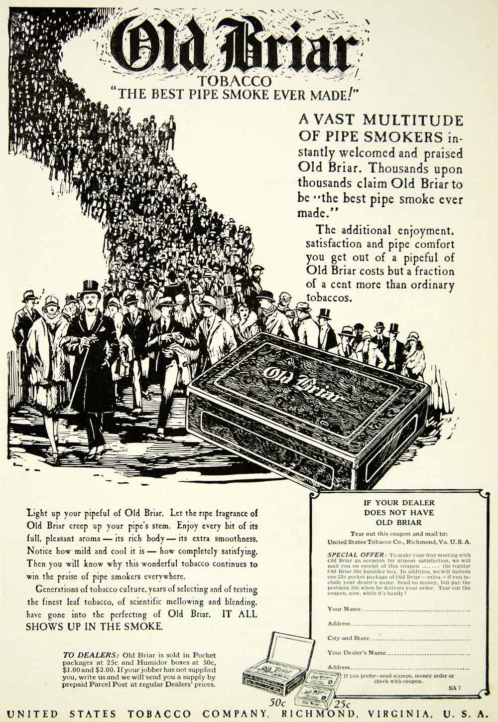 1927 Ad Old Briar Tobacco Pipe Smoking Smoker United States Richmond SCA6