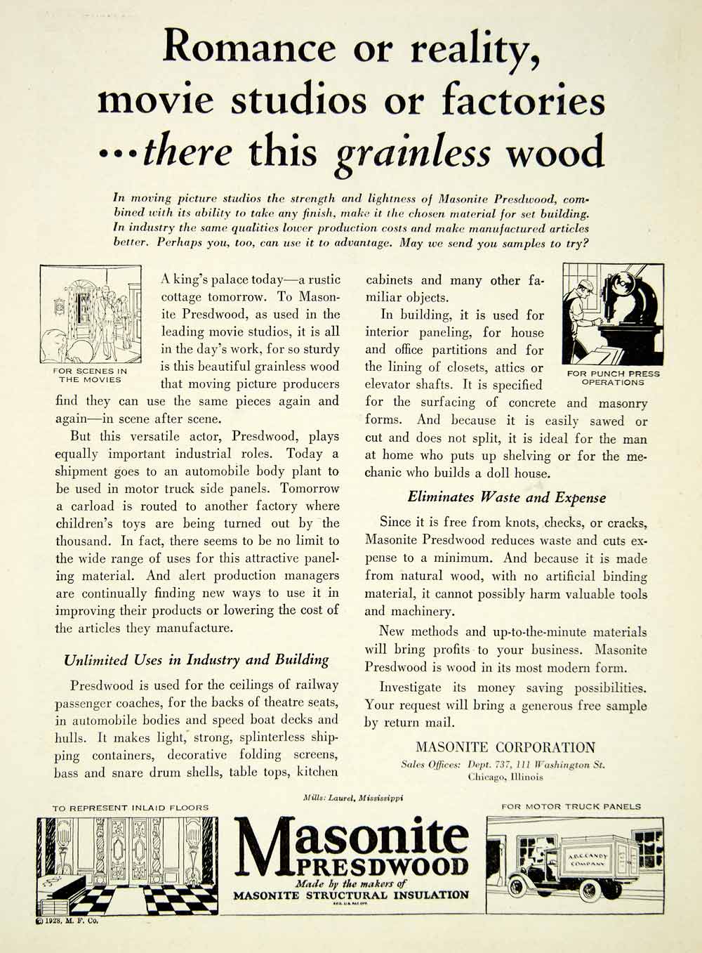 1929 Ad Masonite Presdwood Chicago Laurel Wood Home Improvement Punch Press SCA6