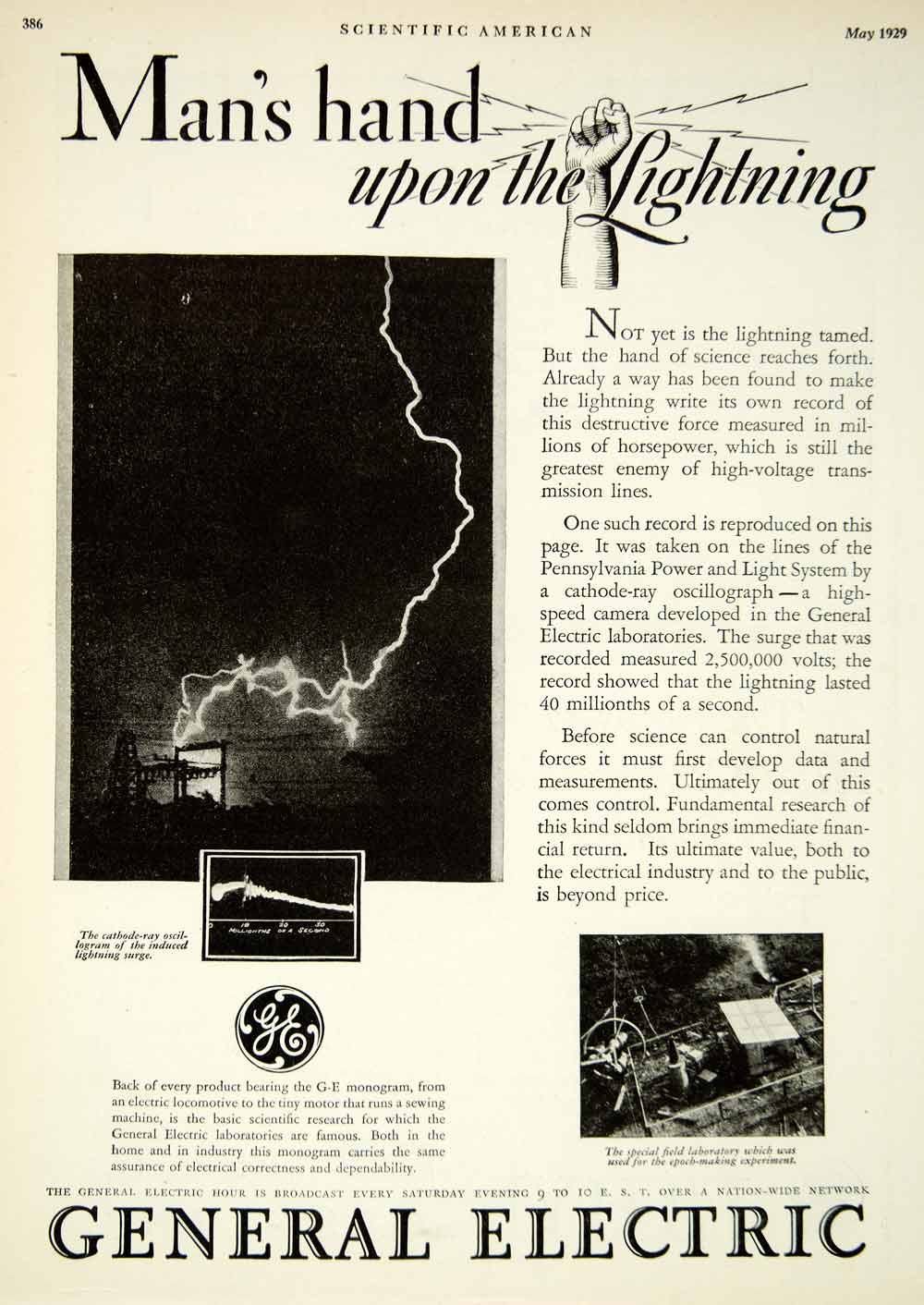 1929 Ad General Electric Lightning Pennsylvania Power Light System SCA6