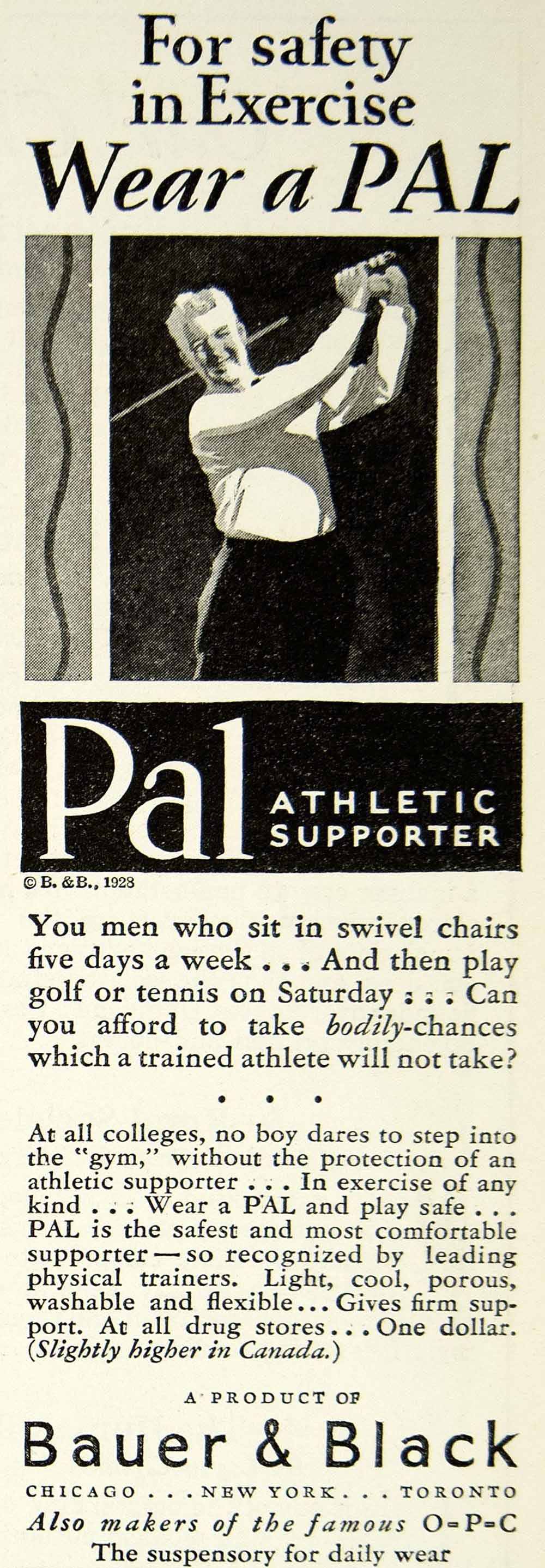 1928 Ad Bauer & Black Pal Athletic Supporter Golf Golfing Chicago Toronto SCA6