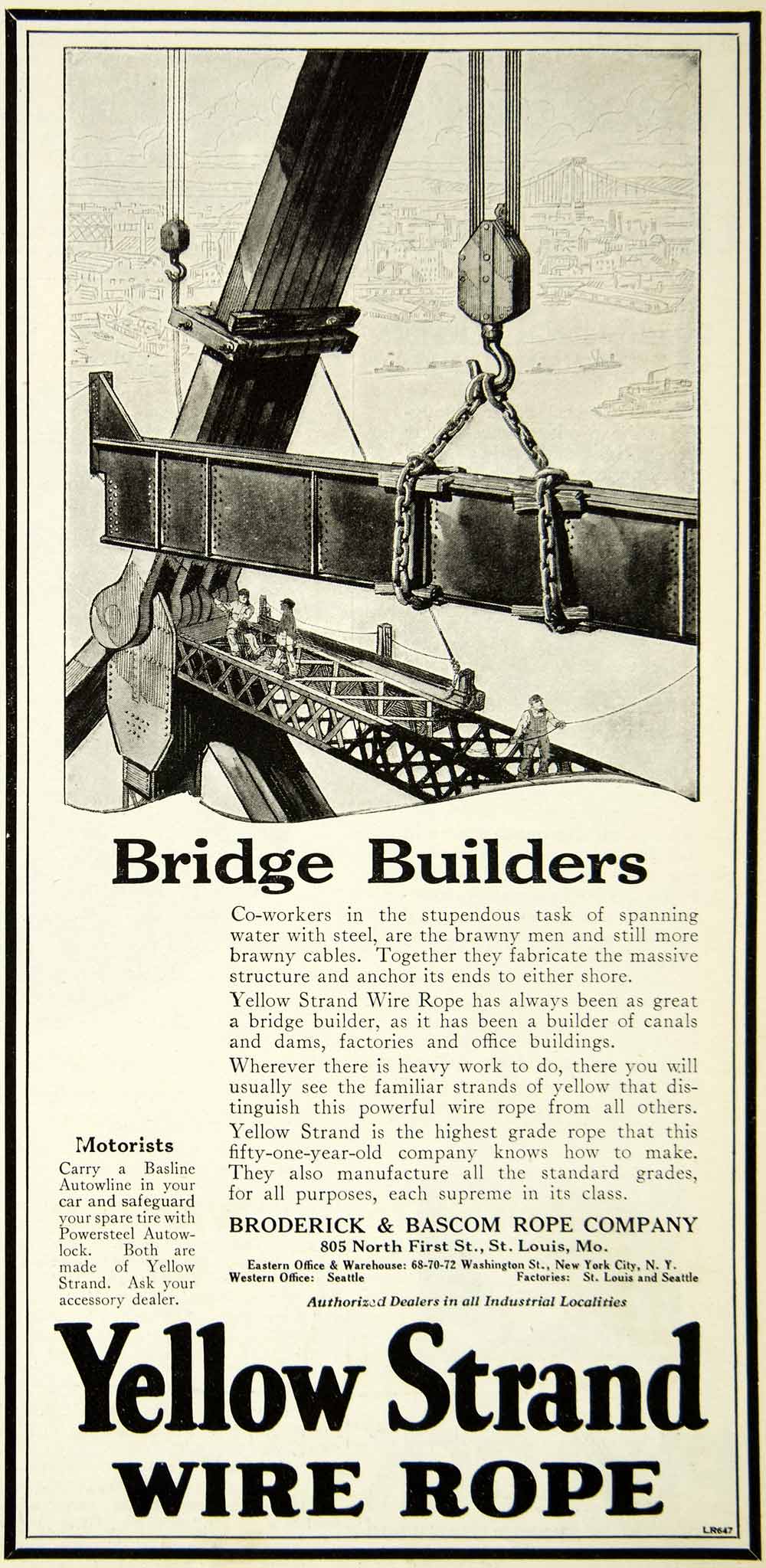 1927 Ad Yellow Strand Wire Rope Broderick Bascom Rope St Louis Bridge SCA6