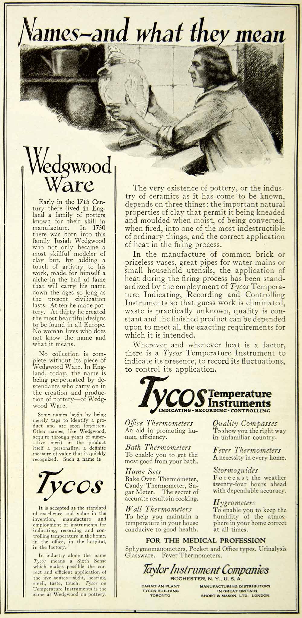 1928 Ad Tycos Temperature Instruments Rochester Taylor Wedgwood Ware SCA6