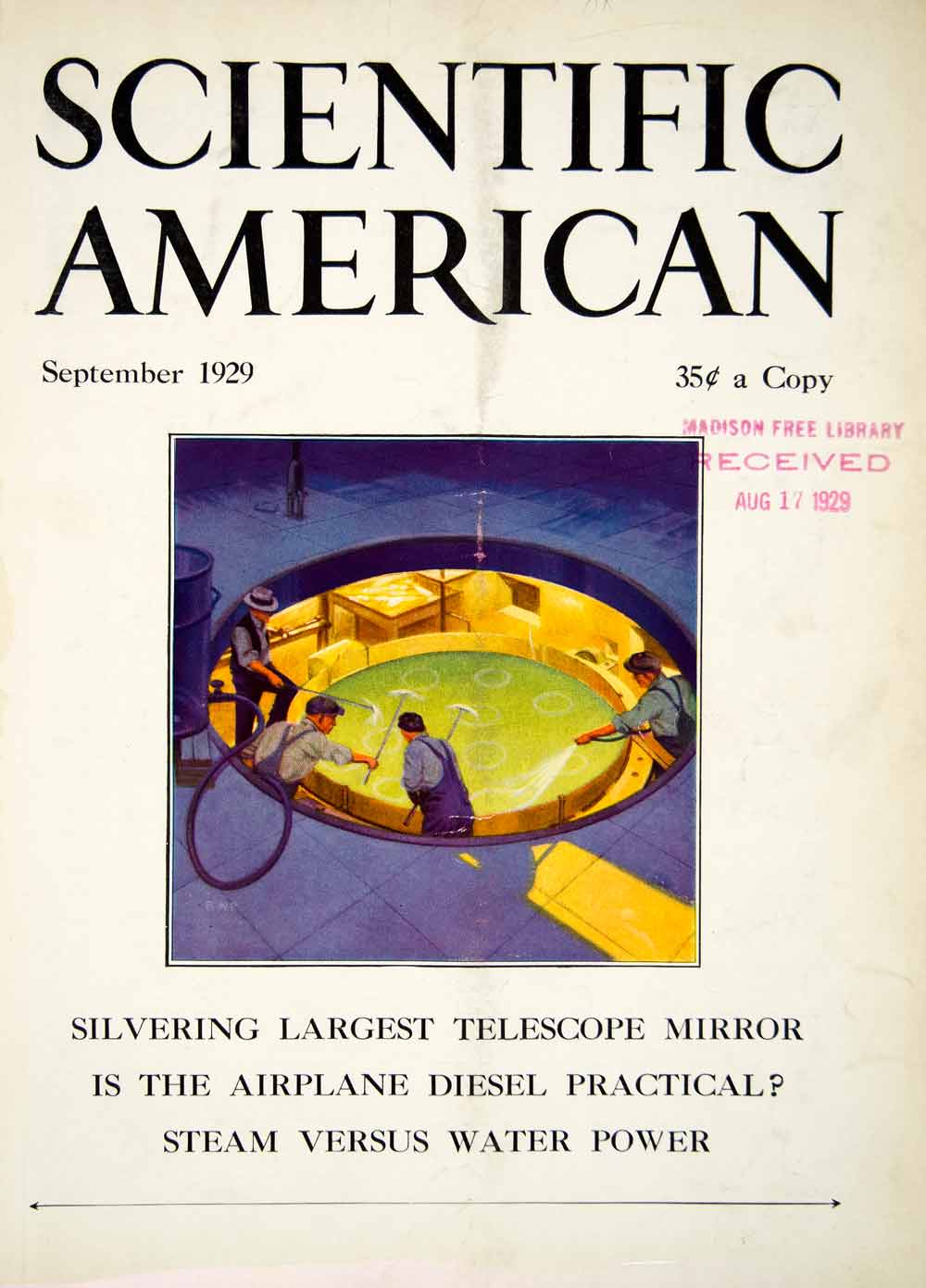 1929 Cover Scientific American Silvering Telescope Mirror Airplane Diesel SCA7