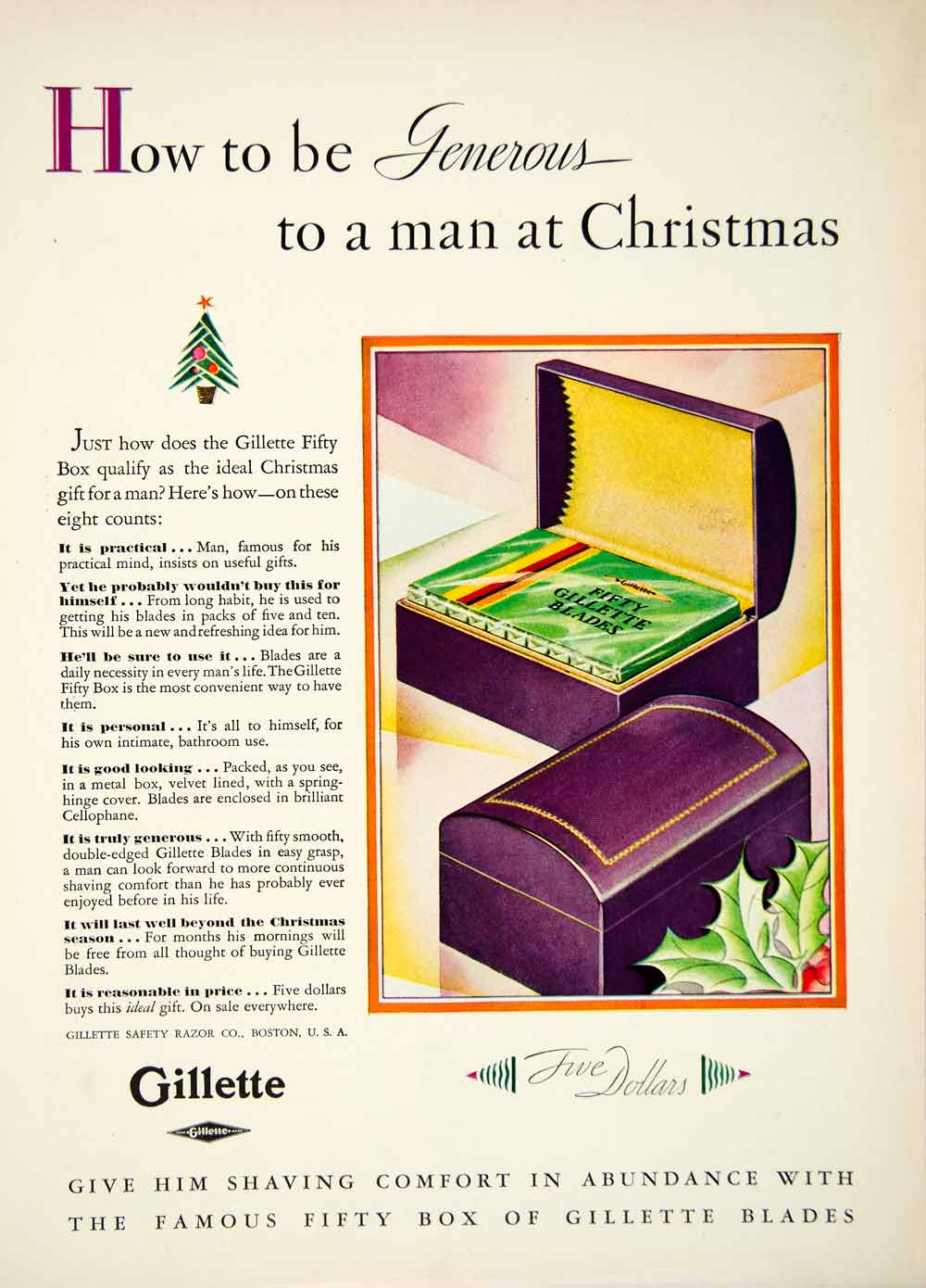 1929 Ad Gilette Christmas Razor Blades Box Set Present Velvet Shaving SCA7