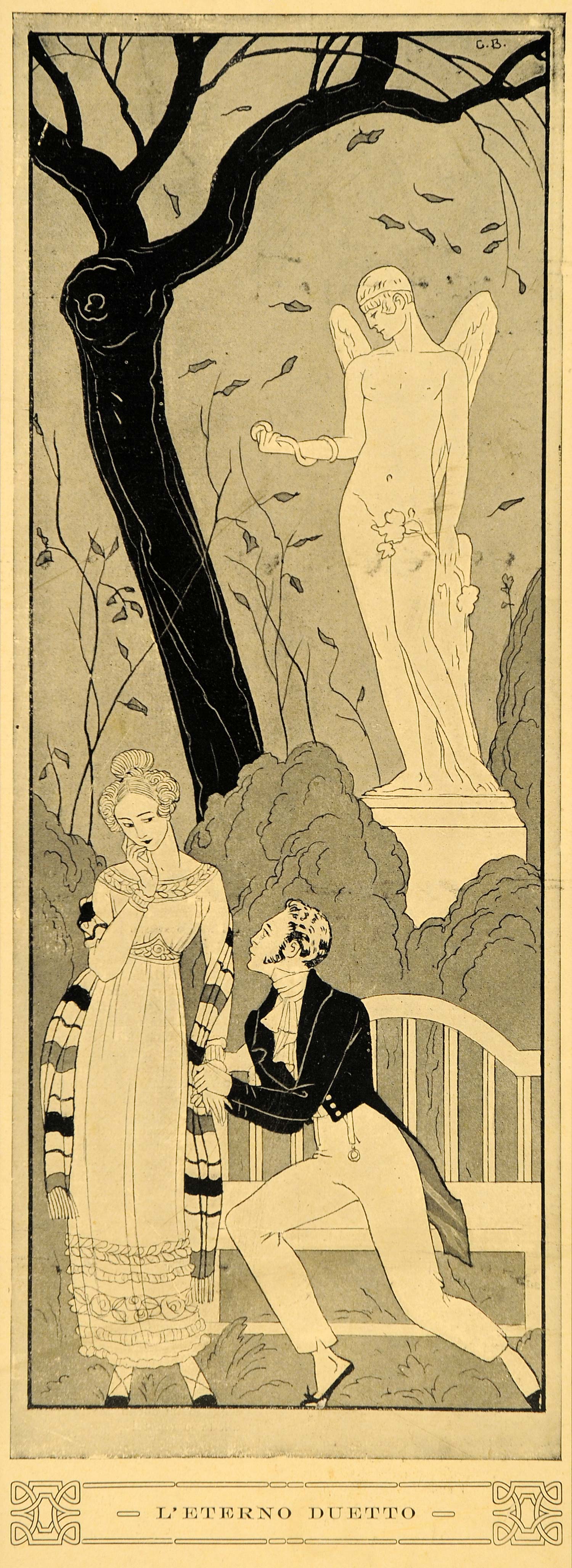 1921 Lovers Love Romance Nude Angel Statue B/W Print - ORIGINAL HISTORIC SCI1