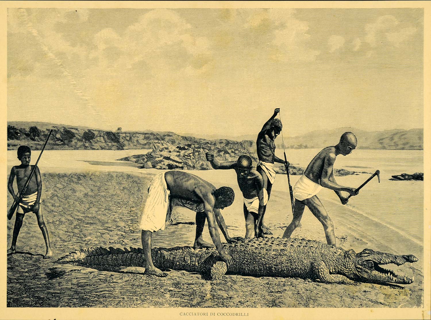 1921 Crocodile Hunters Africa African Men Reptile Print ORIGINAL HISTORIC SCI1