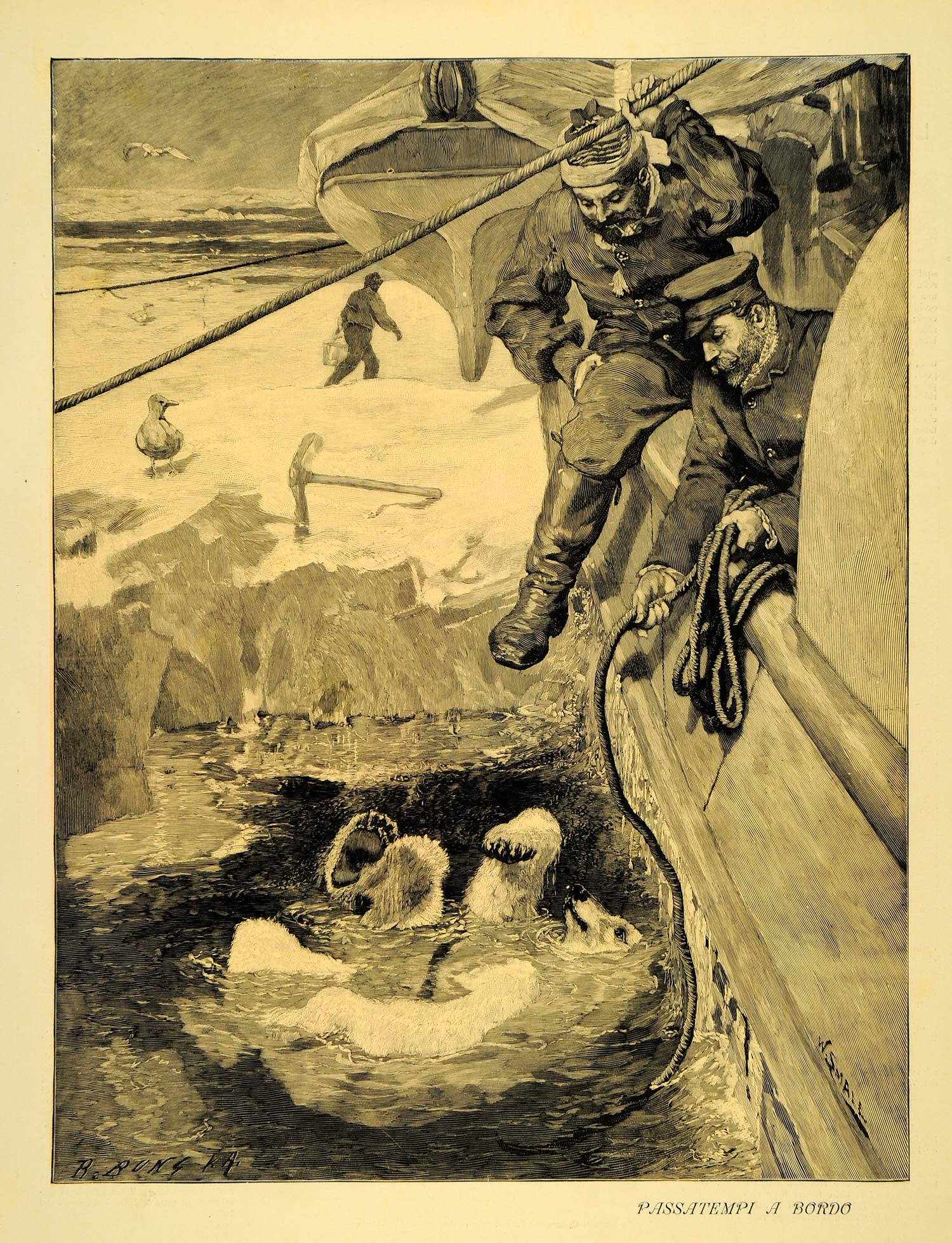 1921 Polar Bear Sailors Ship Arctic William Small Print - ORIGINAL SCI1