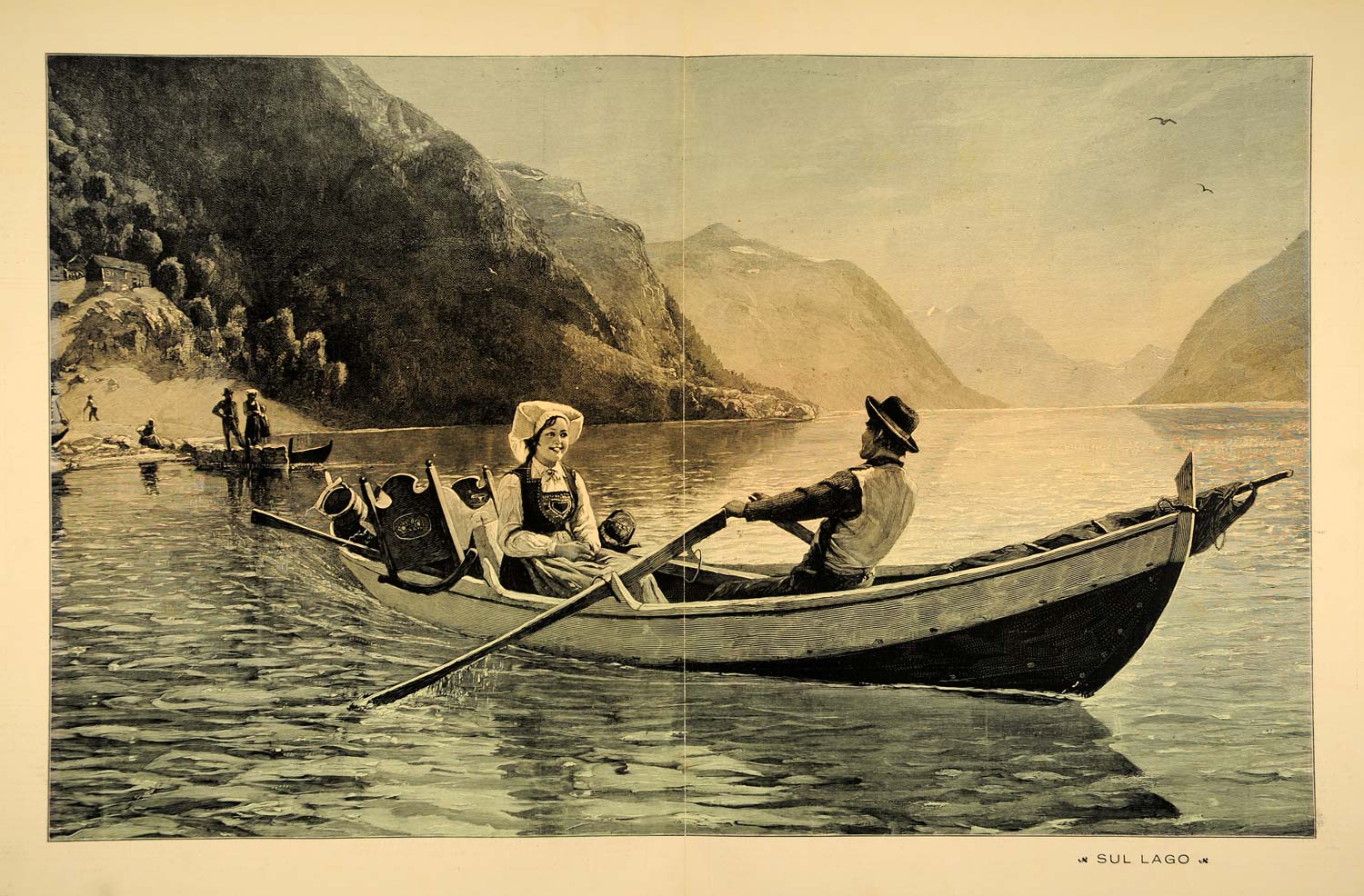 1921 Engraving Rowboat Lake Boat Peasant Couple Costume - ORIGINAL SCI1