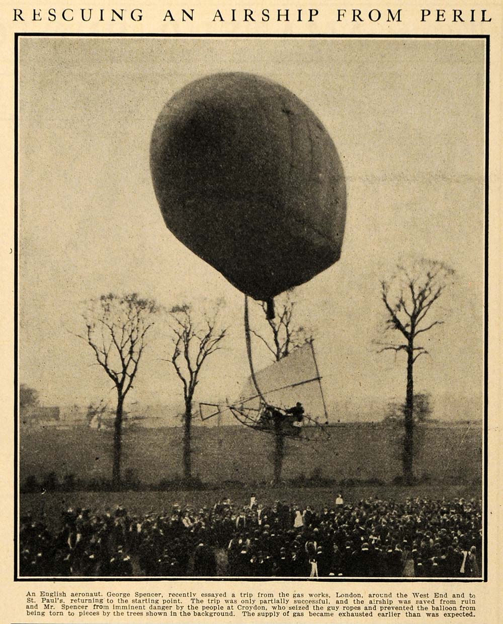1908 Print George Spencer Airship Balloon Near Crash - ORIGINAL HISTORIC SEM1