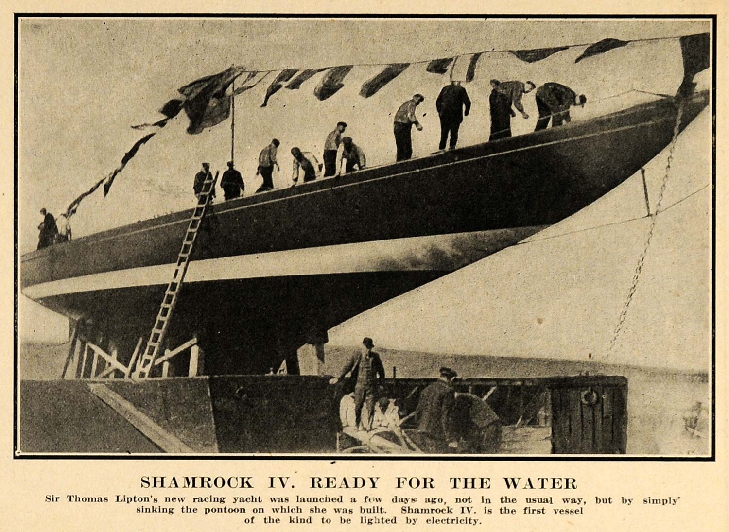 1908 Print Thomas Lipton Racer Yacht Shamrock IV Launch ORIGINAL HISTORIC SEM1