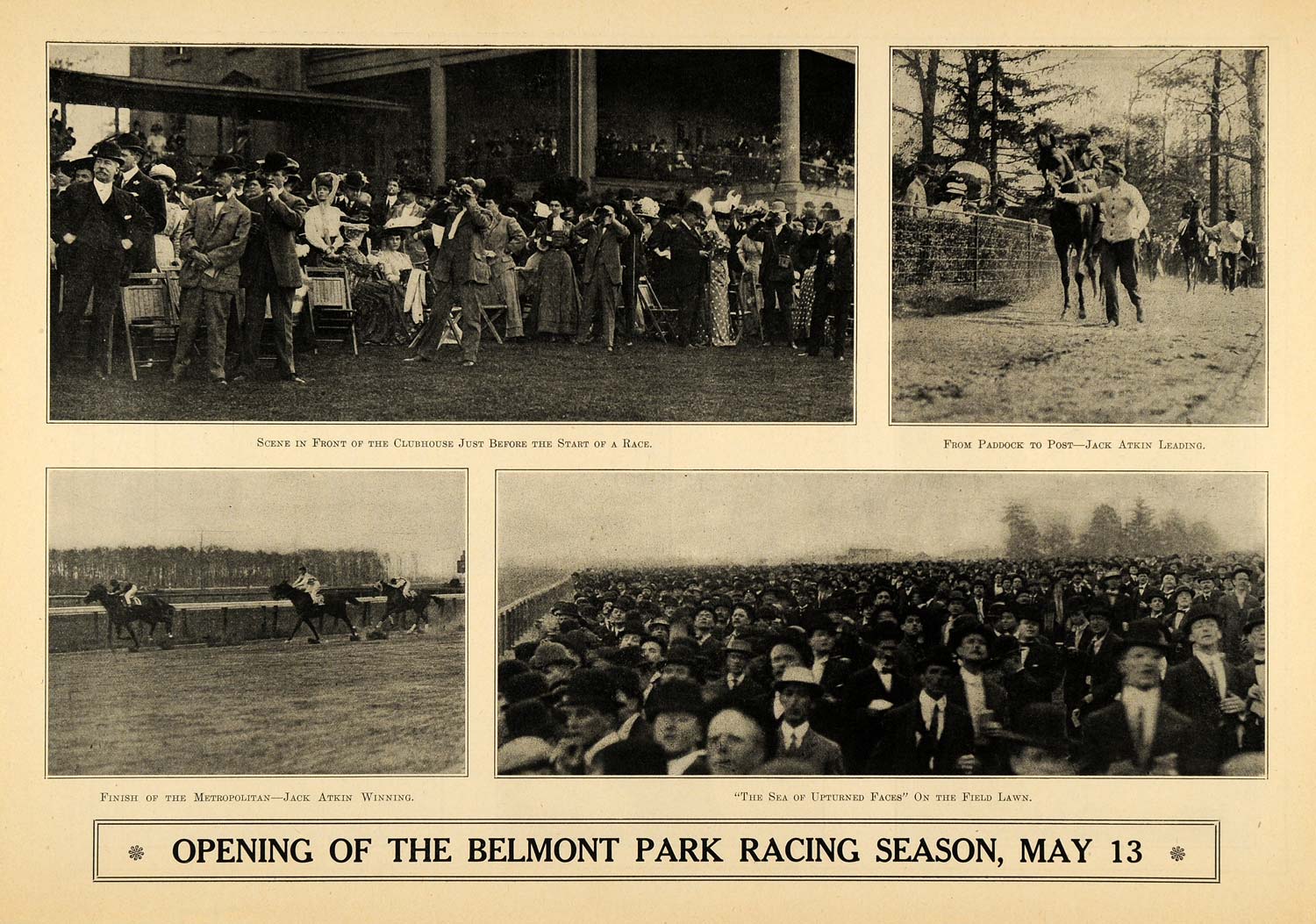 1908 Print Belmont Park Horse Racing Jockey Jack Atkin ORIGINAL HISTORIC SEM1