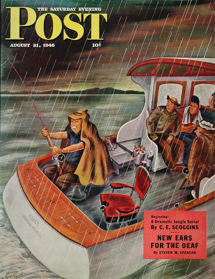 1946 SEP Aug Cover Fisherman Fishing Boat Rain Alajalov - ORIGINAL SEP1