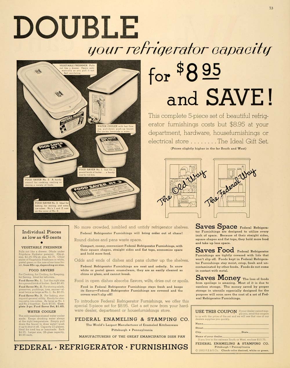 1932 Ad Federal Refrigerator Furnishing Cooler Stamping - ORIGINAL SEP3