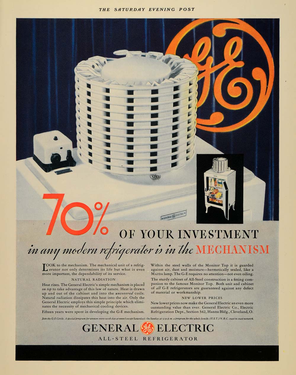 1932 Ad Refrigerator Mechanism General Electric Steel - ORIGINAL SEP3