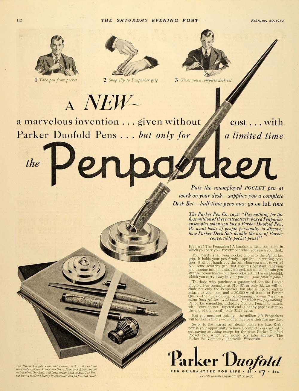 1932 Ad Penparker Duofold Fountain Pen Desk Set Pencils - ORIGINAL SEP3