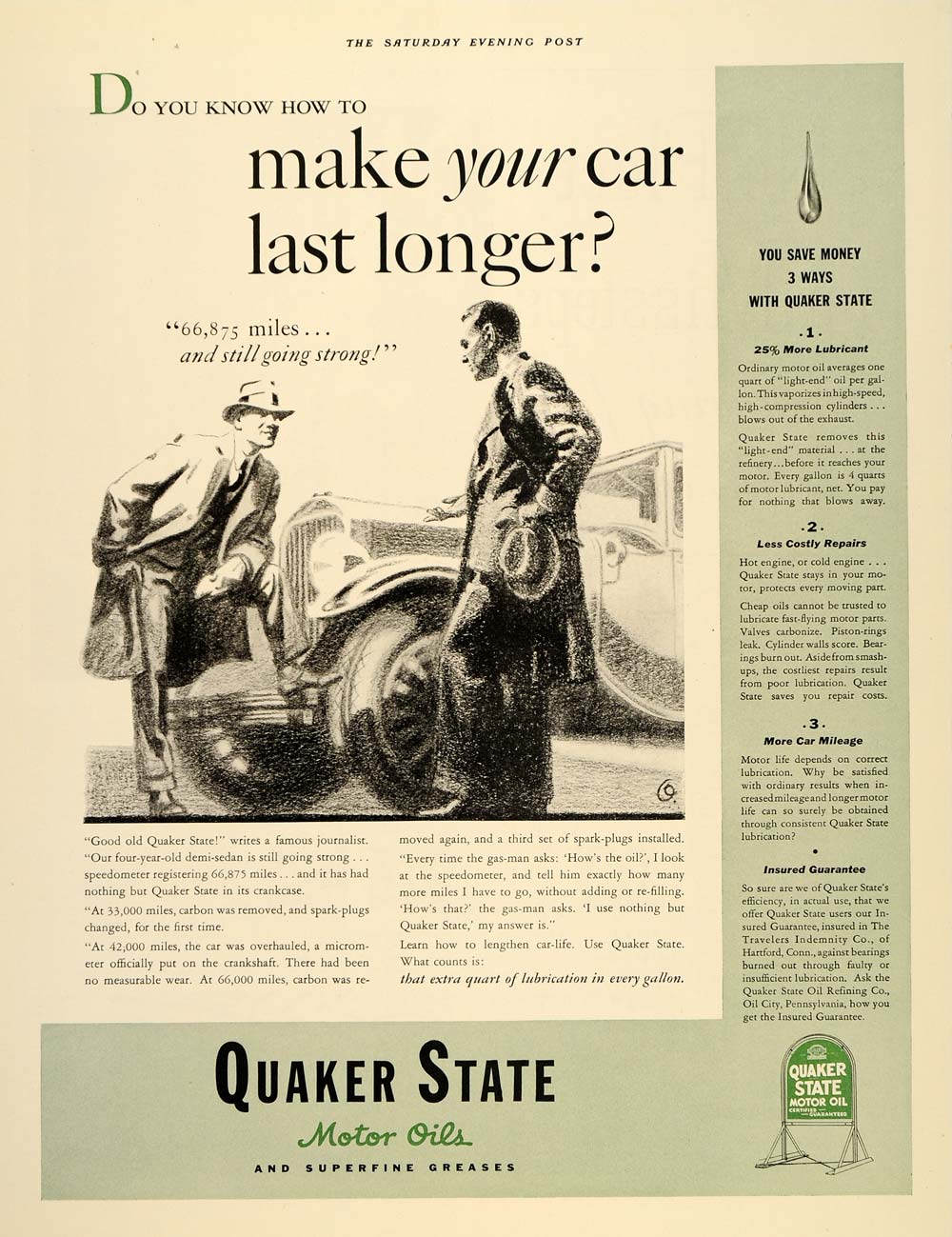 1933 Ad Quaker State Motor Oils Superfine Greases Car - ORIGINAL SEP3