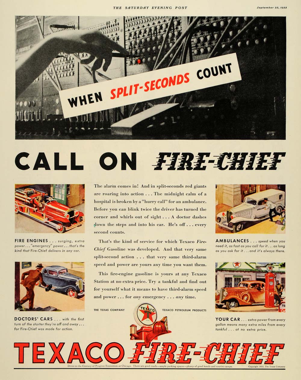 1933 Ad Texas Company Texaco Fire-Chief Gasoline Engine - ORIGINAL SEP3