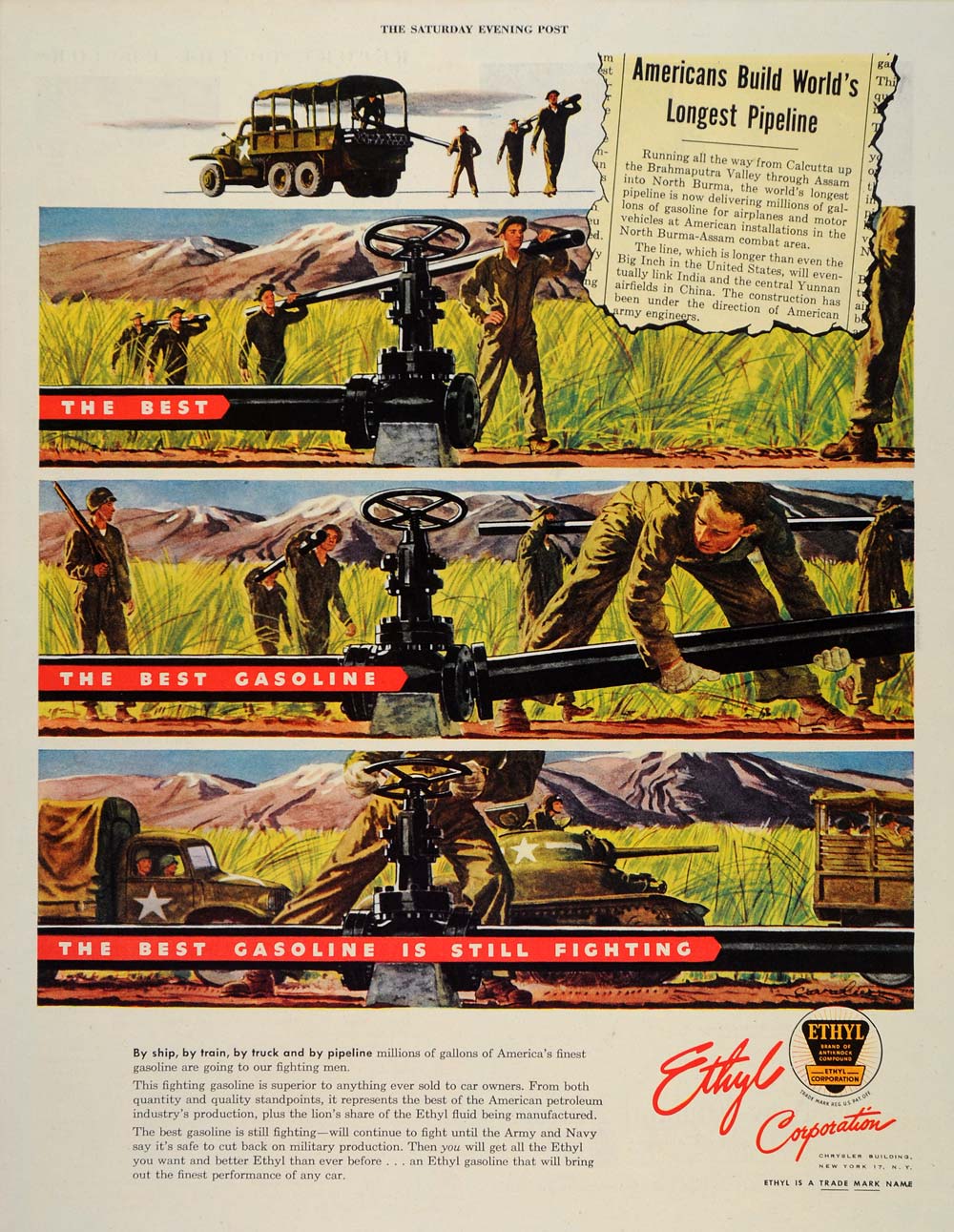 1945 Ad Ethyl Corporation Gasoline Pipeline Military - ORIGINAL ADVERTISING SEP3