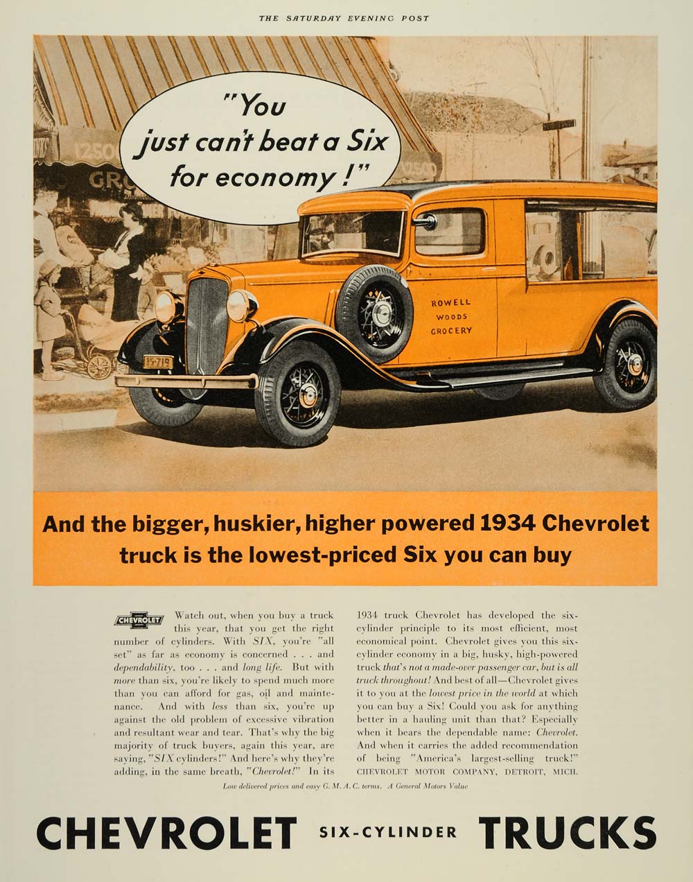 1934 Ad Six Cylinder Trucks Chevrolet General Motors - ORIGINAL ADVERTISING SEP3
