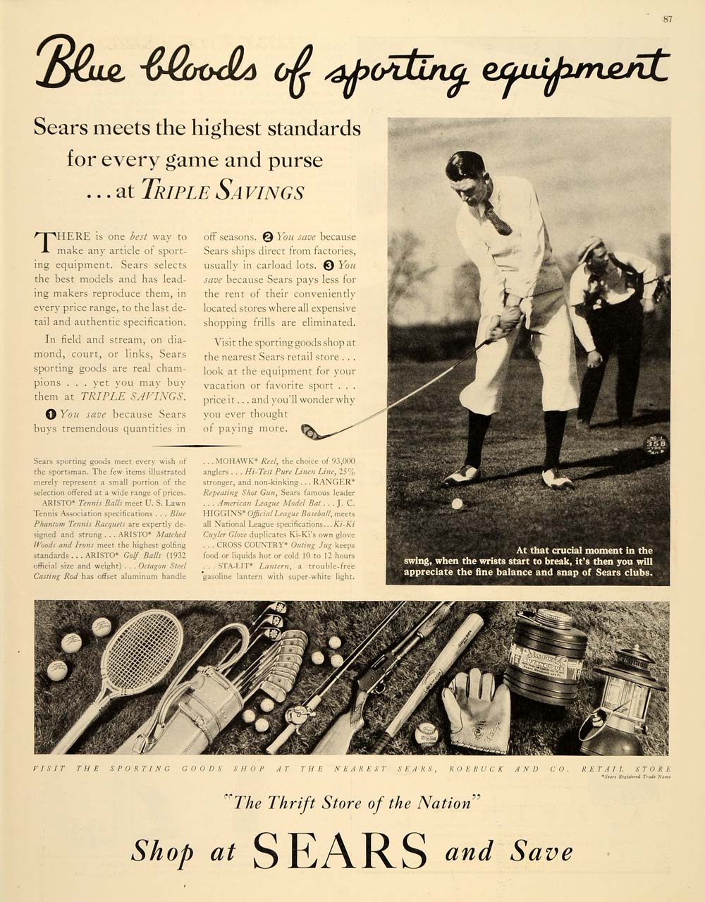 1932 Ad Sears Sporting Goods Golf Equipment Roebuck - ORIGINAL ADVERTISING SEP3