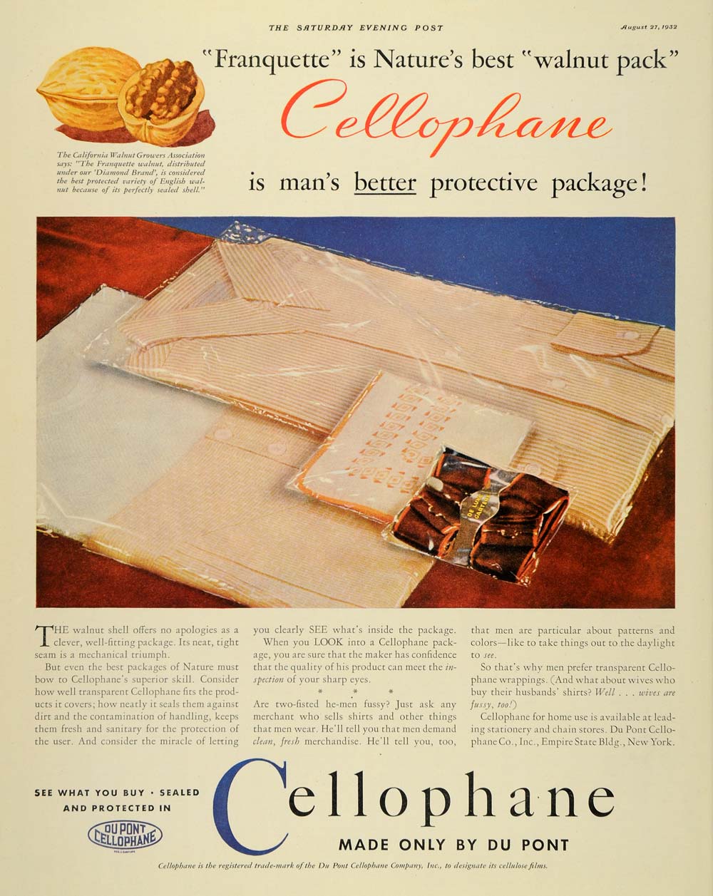 1929 Ad Cellophane Du Pont Sealed Protected Walnut - ORIGINAL ADVERTISING SEP3