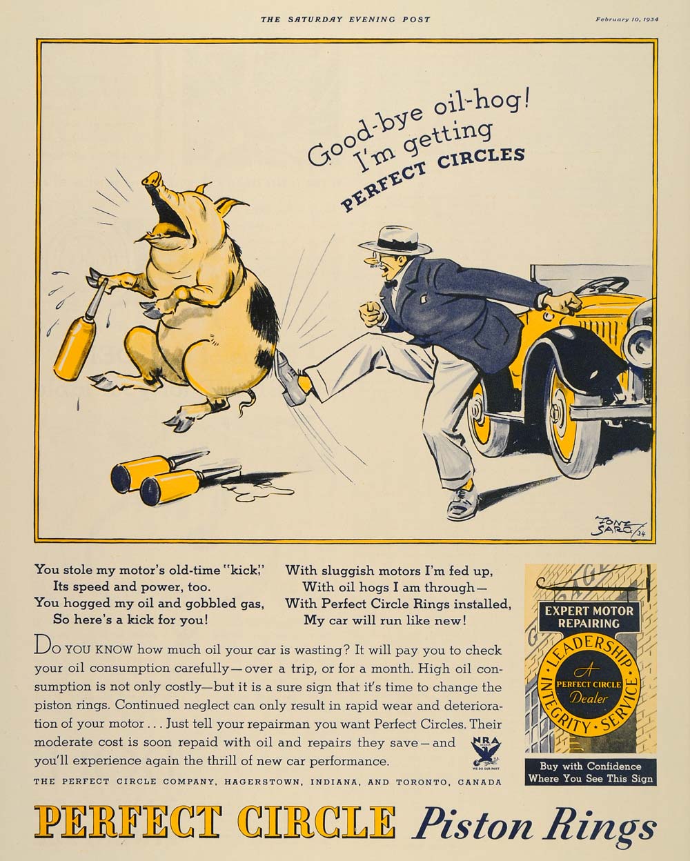 1934 Ad Oil Hog Perfect Circle Piston Rings Tony Sarg - ORIGINAL SEP3