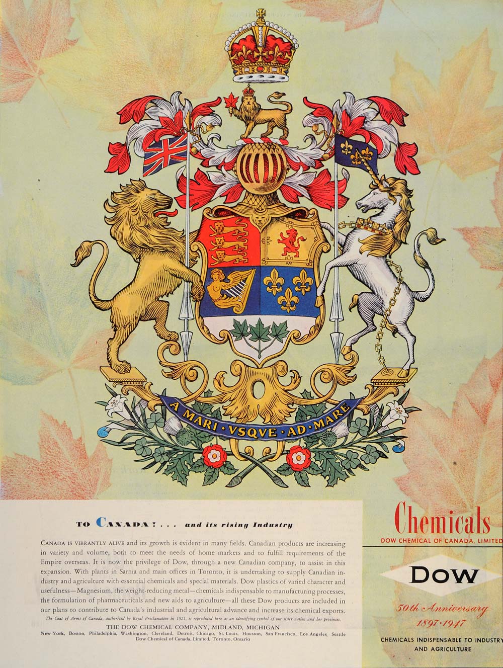 1947 Ad DOW Chemicals A Mari Vsque Ad Mare Canada Crest - ORIGINAL SEP3