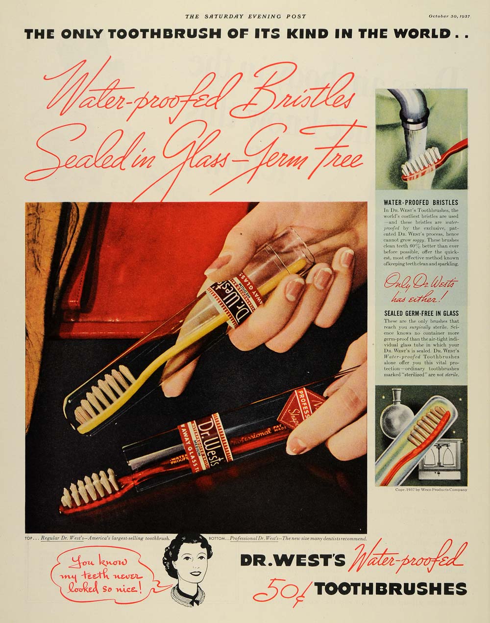 1937 Ad Dr. West's Water Proofed Bristles Toothbrushes - ORIGINAL SEP3