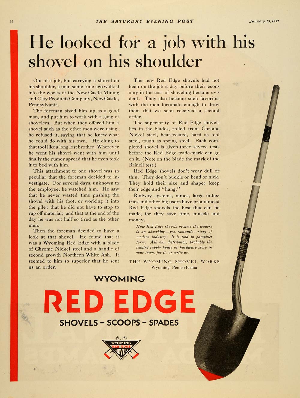 1921 Ad Wyoming Shovel Works Red Edge Scoops Spades - ORIGINAL ADVERTISING SEP3
