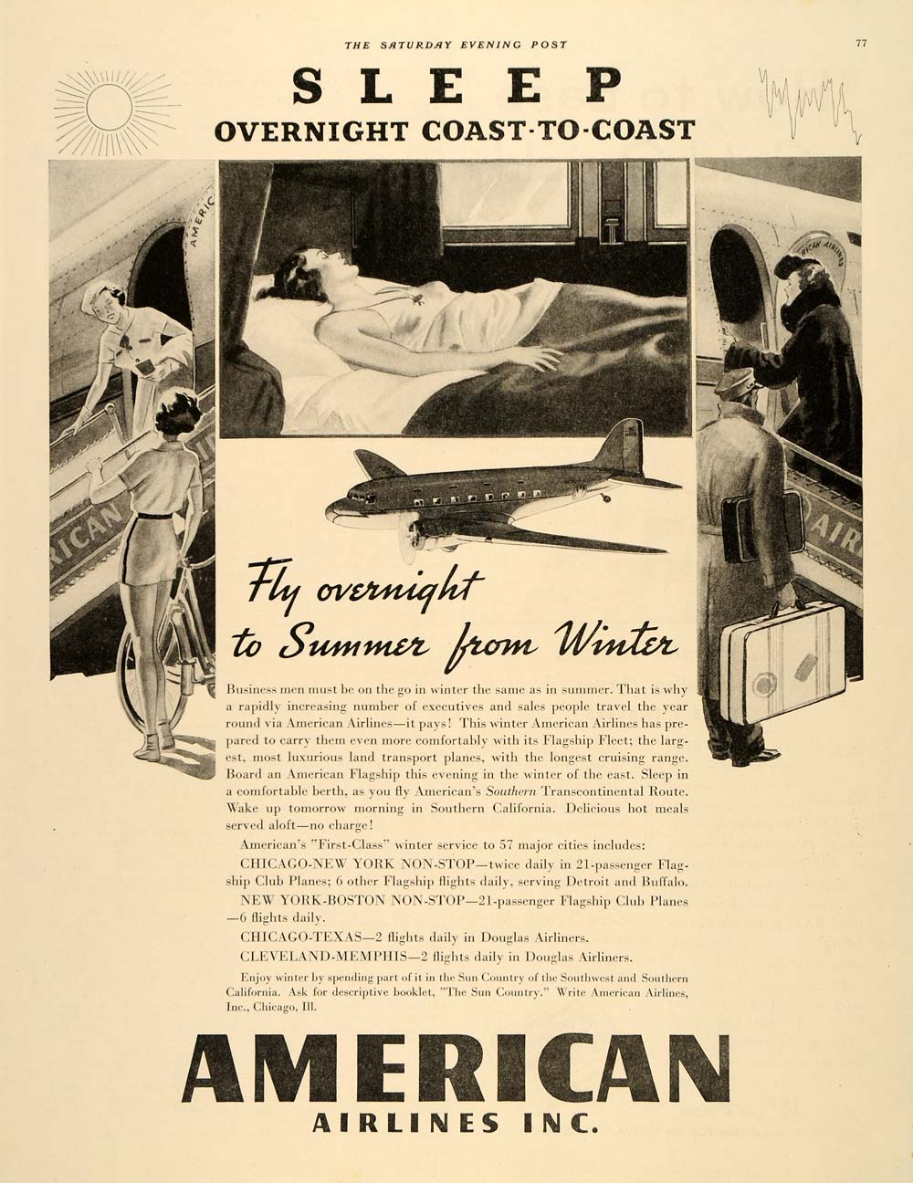 1945 Ad American Airlines Inc. Sleep Coast Commercial - ORIGINAL SEP3