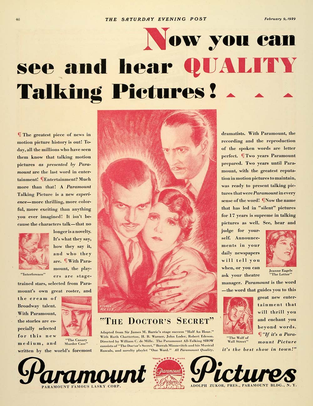 1929 Ad Paramount Pictures Doctors Secret Lionel Reiss - ORIGINAL SEP3