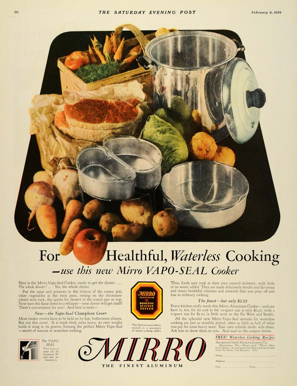 1929 Ad Mirro Aluminum Vapo-Seal Waterless Cooking - ORIGINAL ADVERTISING SEP3