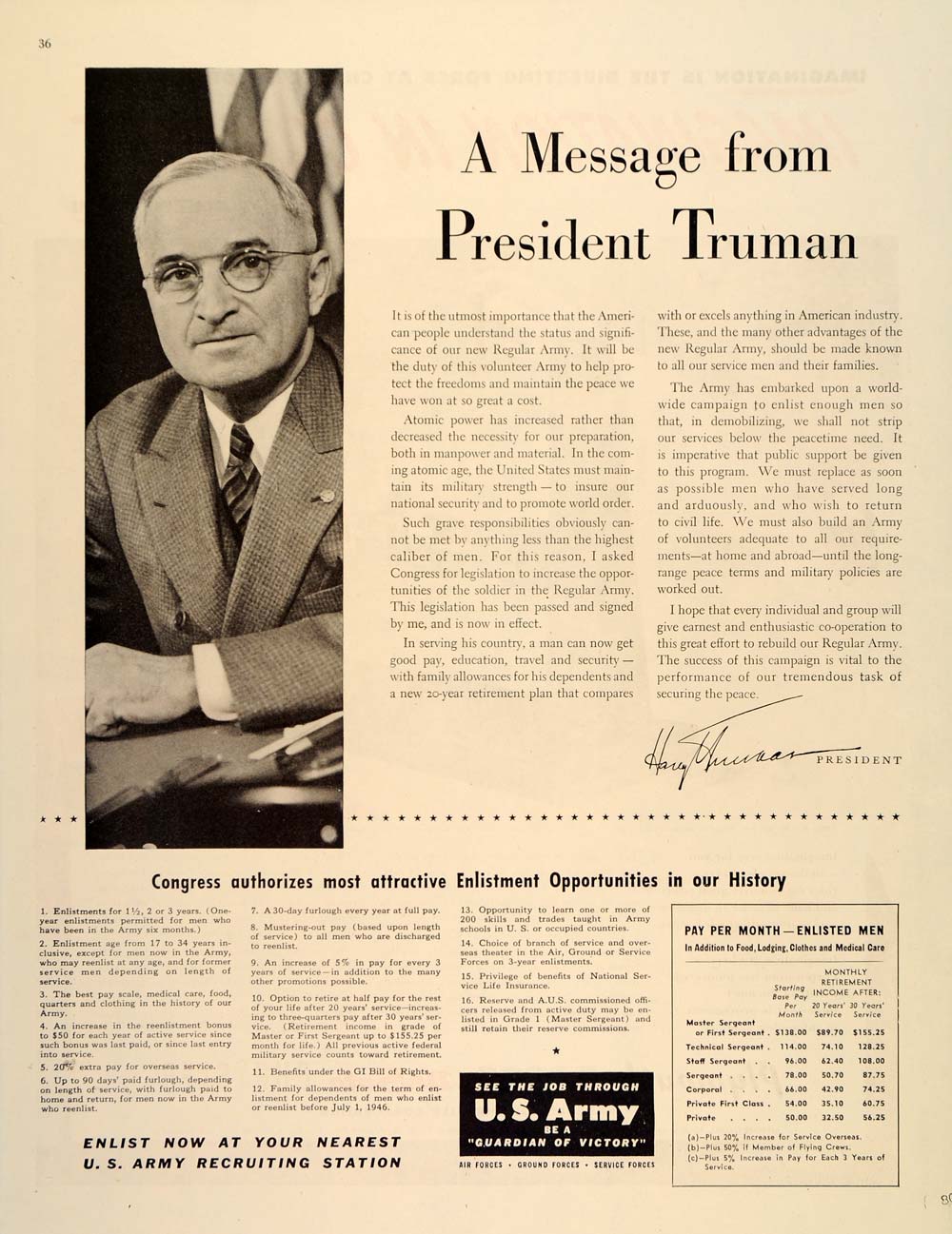1946 Ad President Truman United States Army Enlist - ORIGINAL ADVERTISING SEP3