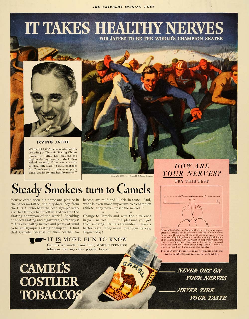 camel cigarettes sweepstakes 1934 Ad Irving Jaffe Camel Cigarettes Champion Skater camel cigarettes sweepstakes 1934 Ad Irving Jaffe Camel Cigarettes Champion Skater