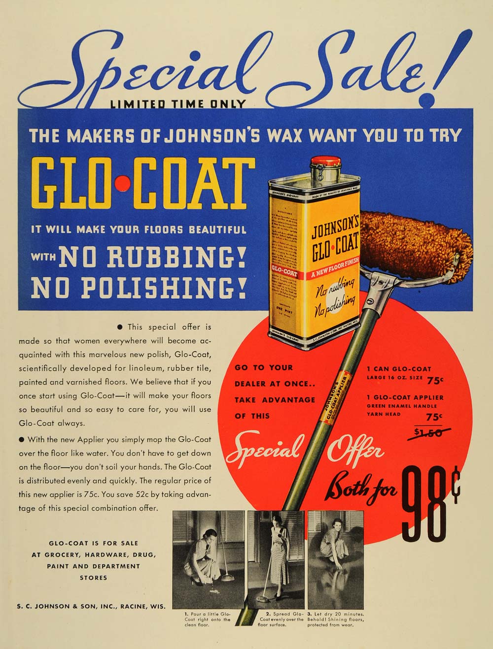 1933 Ad Glo Coat Johnsons Wax Applier Clean Floors - ORIGINAL ADVERTISING SEP3