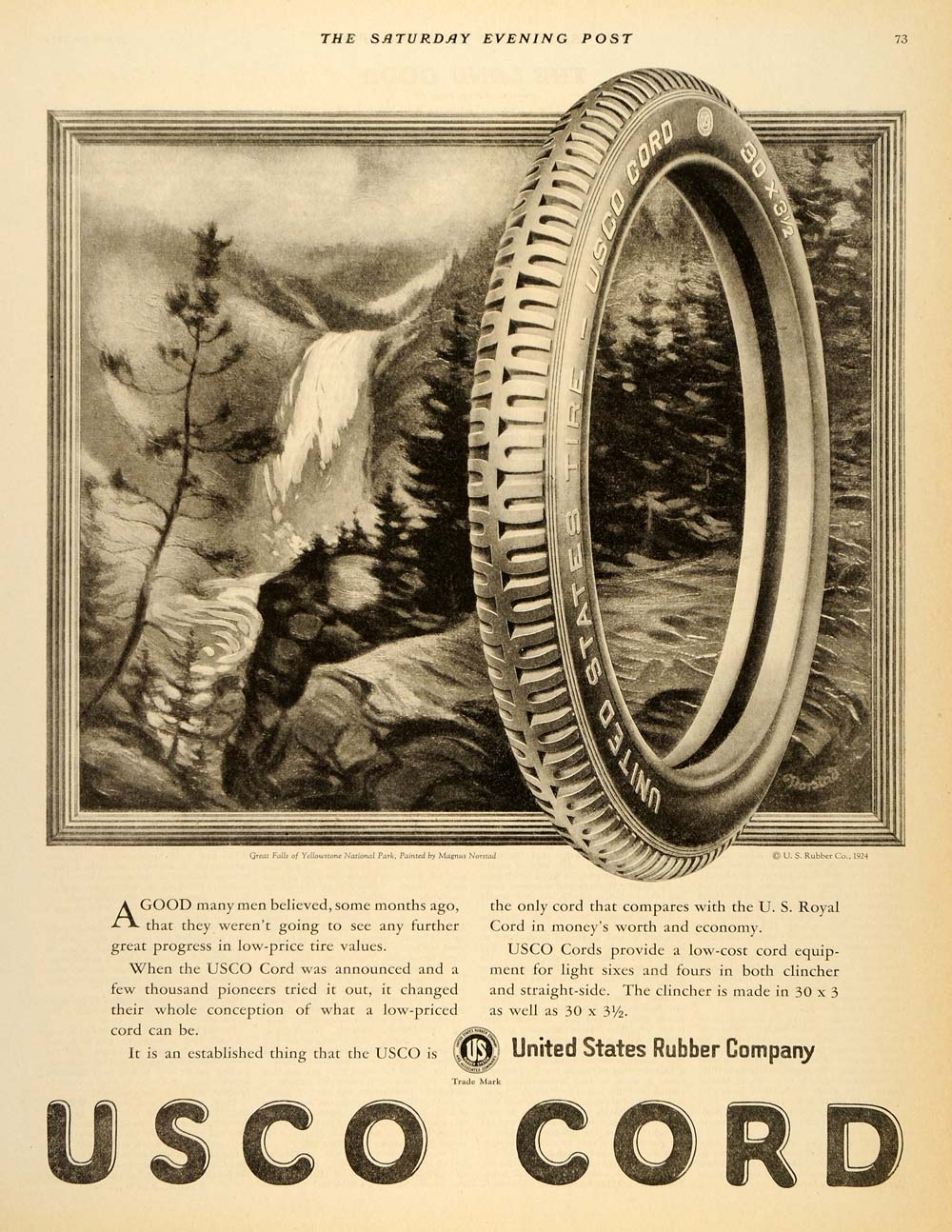 1924 Ad USCO Cord United States Rubber Company Tire - ORIGINAL ADVERTISING SEP3