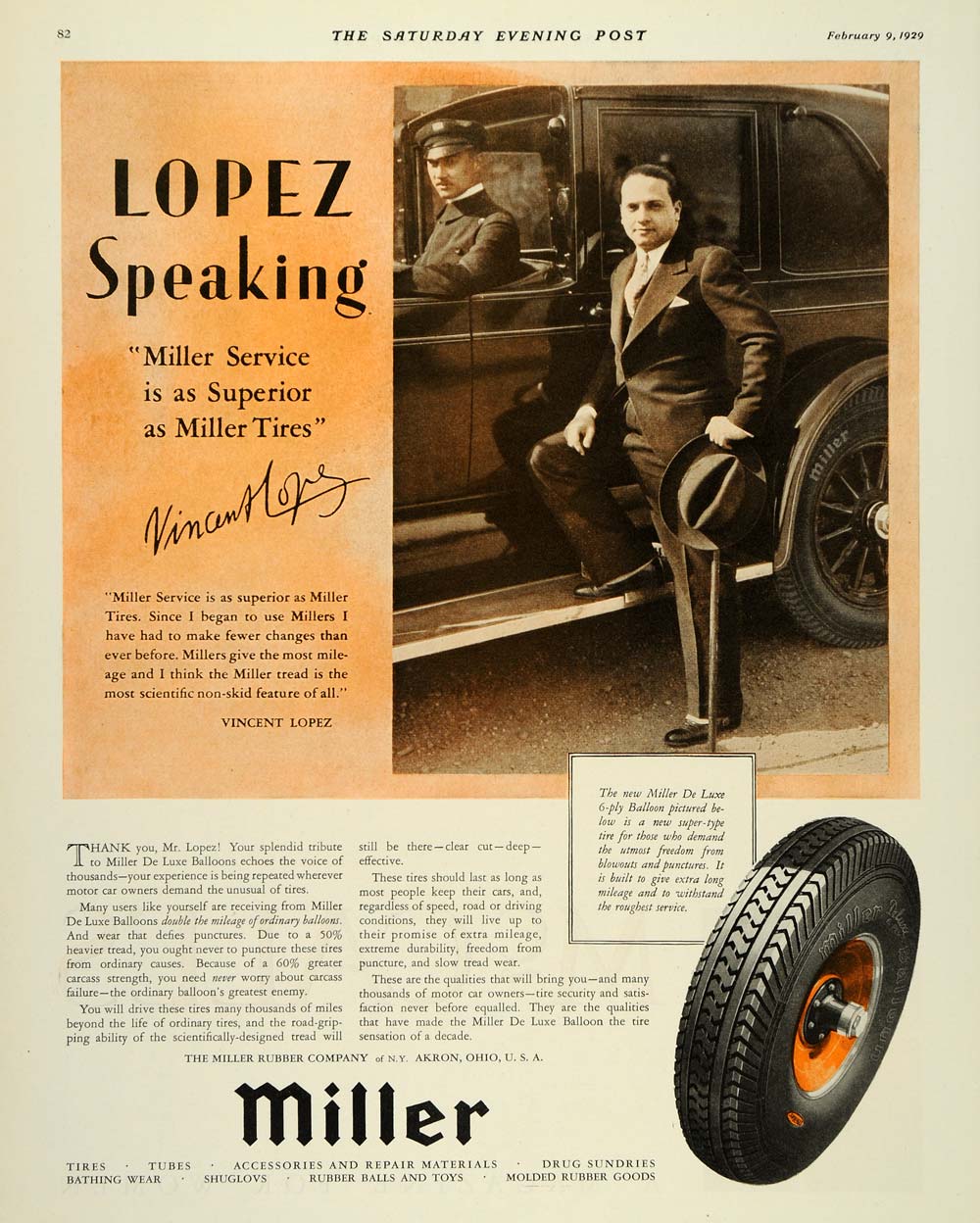 1929 Ad Vincent Lopez Miller Rubber Company Tire Akron - ORIGINAL SEP3