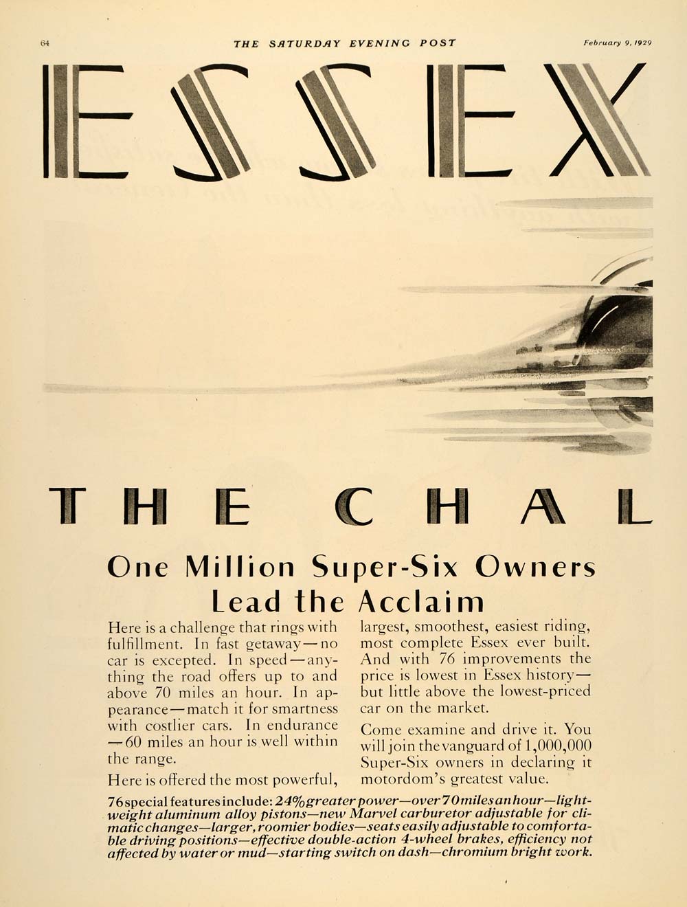 1929 Ad Essex The Challenger Super Six Town Sedan Coupe - ORIGINAL SEP3