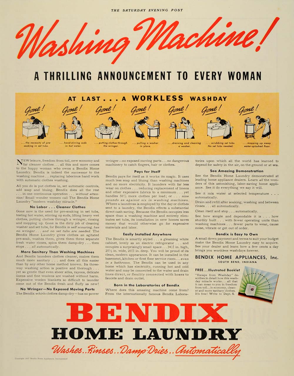 1937 Ad Bendix Home Laundry Washing Machine Appliances - ORIGINAL SEP3