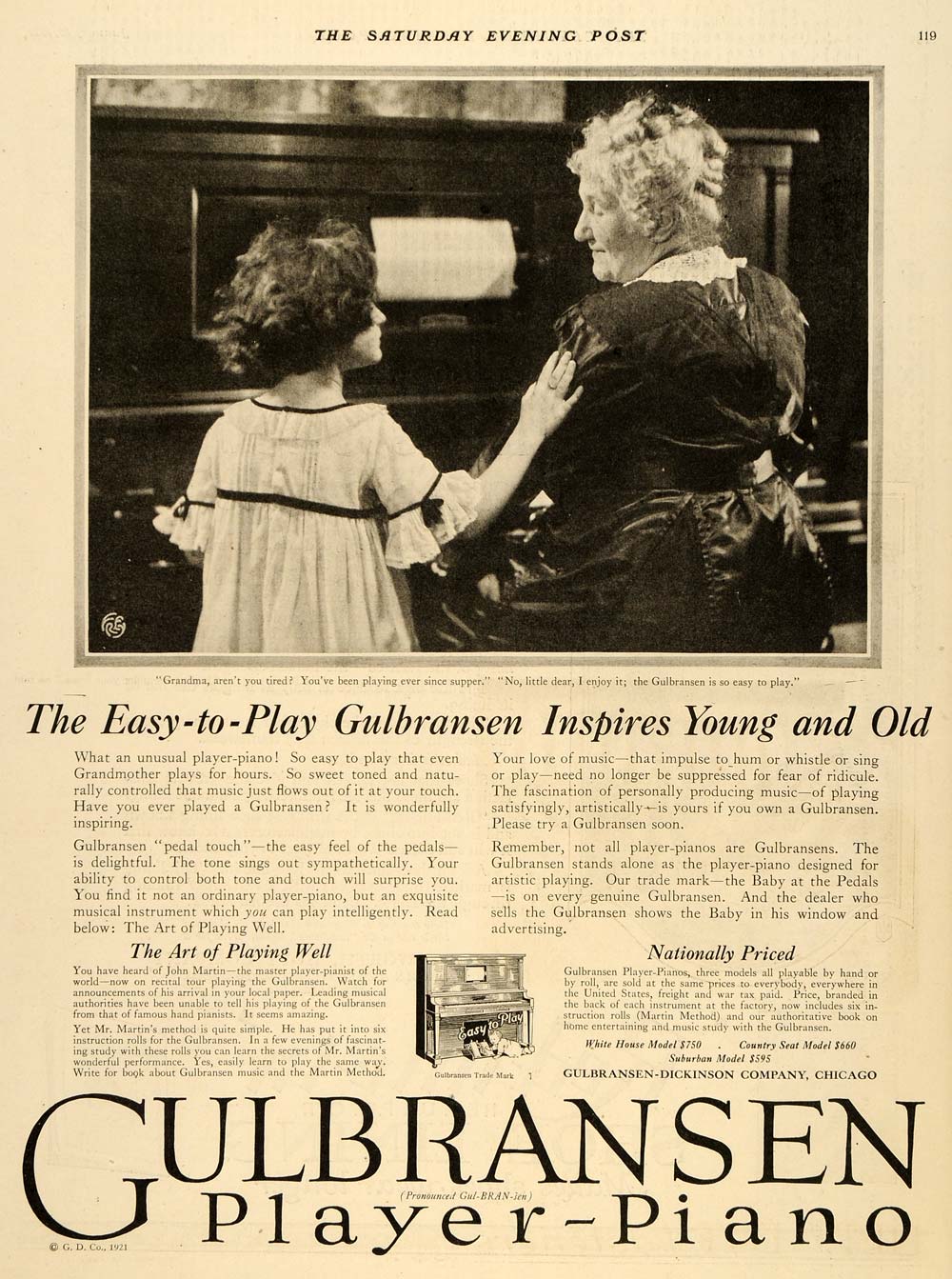 1921 Ad Gulbransen Piano Player Grandmother Girl Music - ORIGINAL SEP3