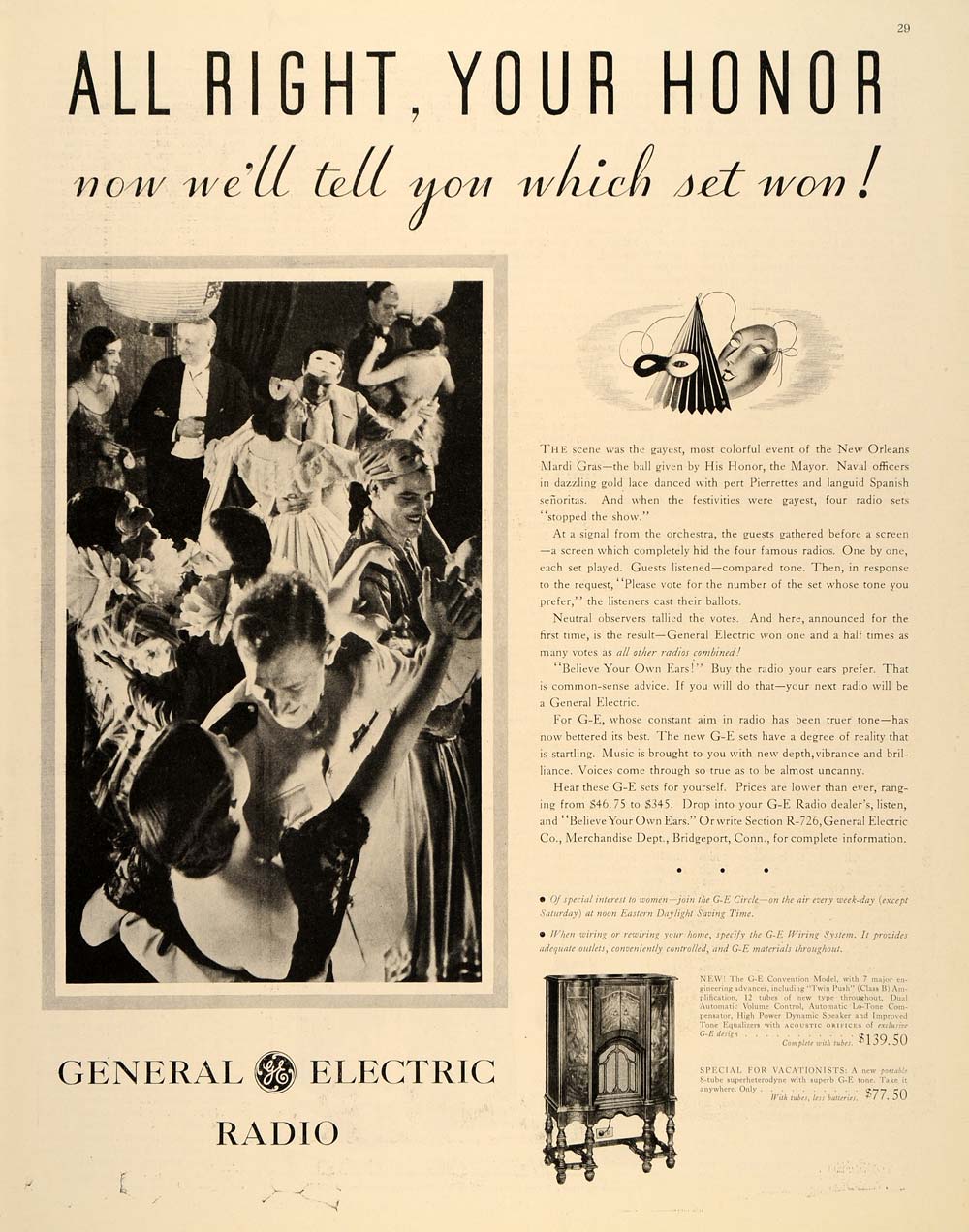 1932 Ad General Electric Radio Music Box Pricing Models - ORIGINAL SEP3