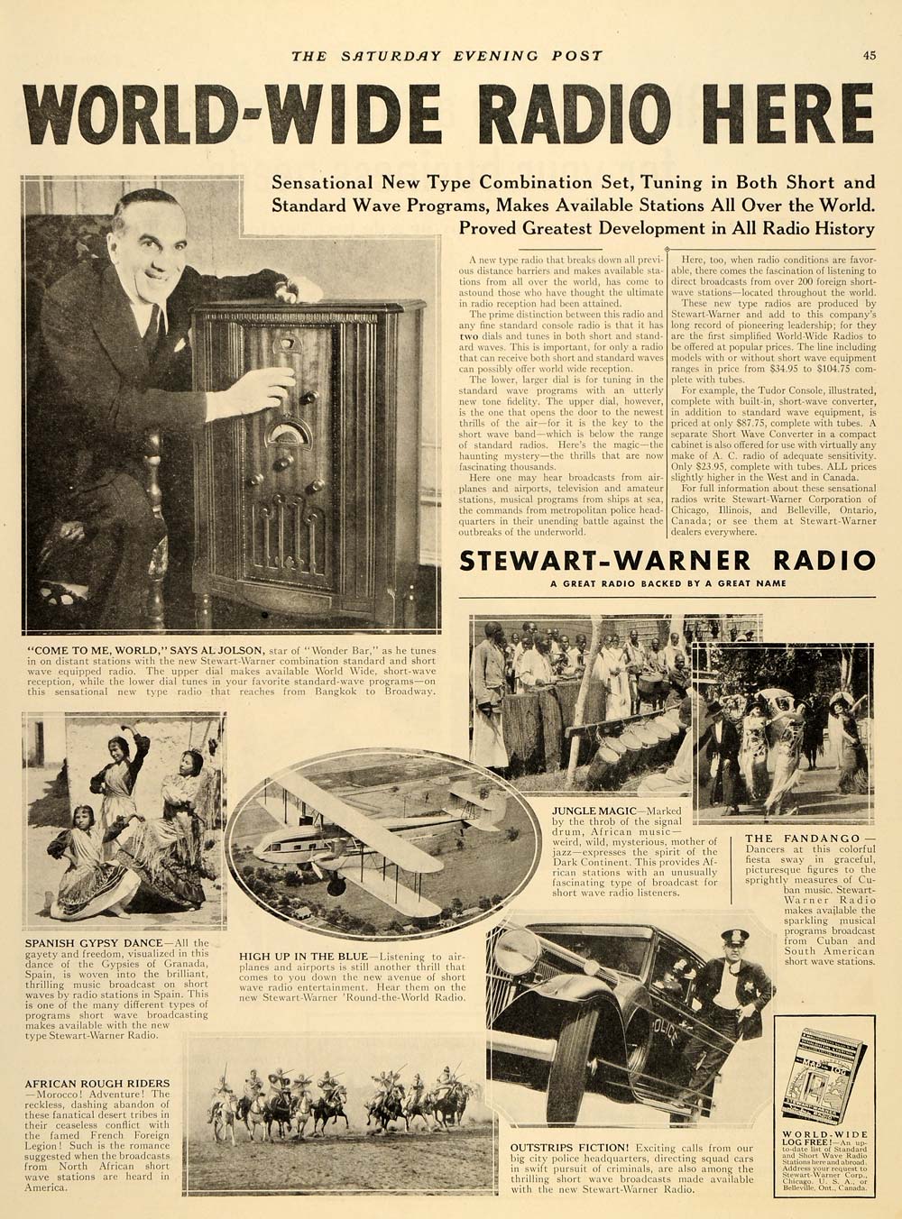 1946 Ad World Wide Radio Stewart Warner Al Jolson Music - ORIGINAL SEP3