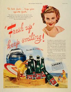1945 Ad 7-UP Seven-Up Beach Green Glass Bottles WWII - ORIGINAL ADVERTISING SEP3