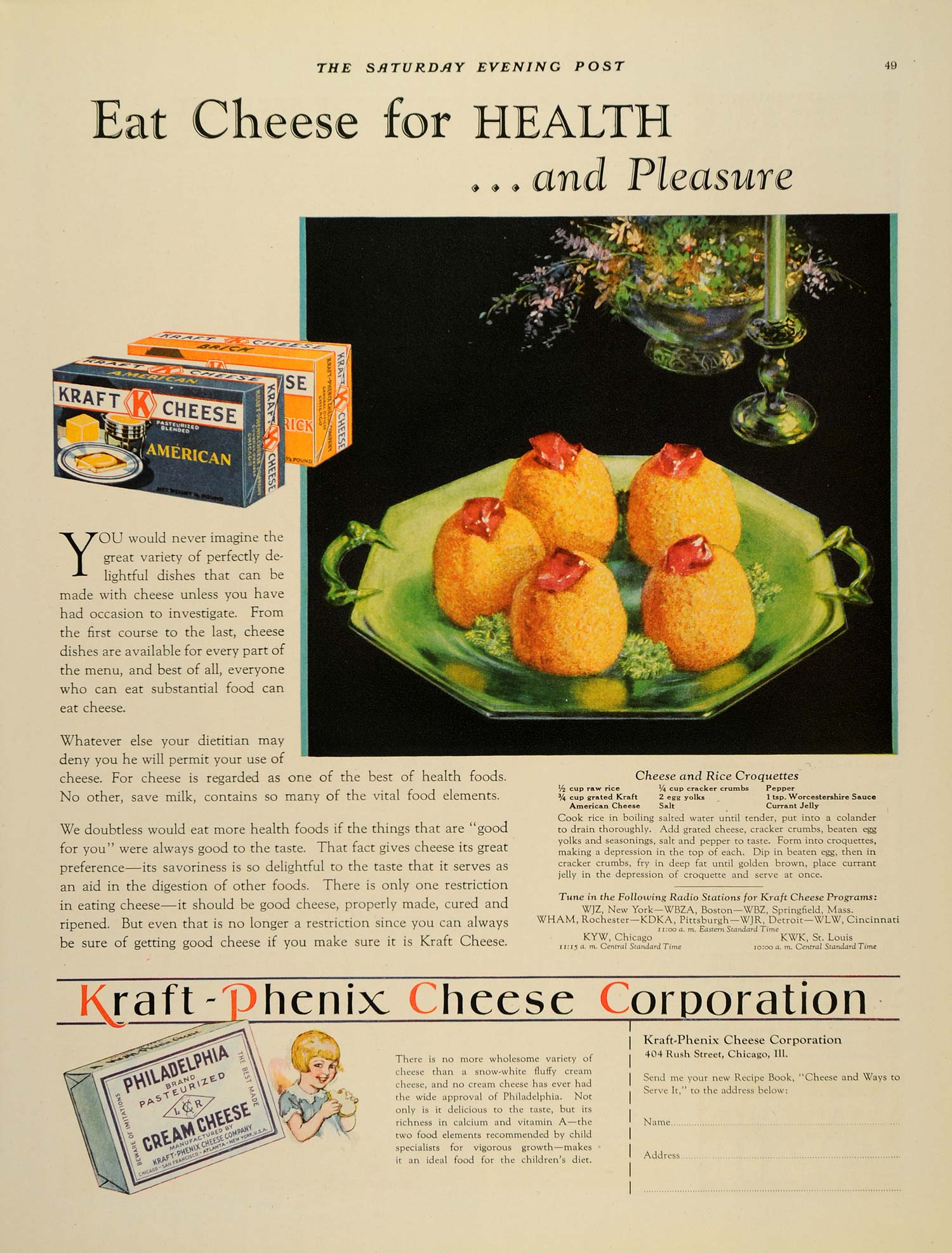 1929 Ad Kraft Phenix Philadelphia Cream Cheese Recipe - ORIGINAL SEP3