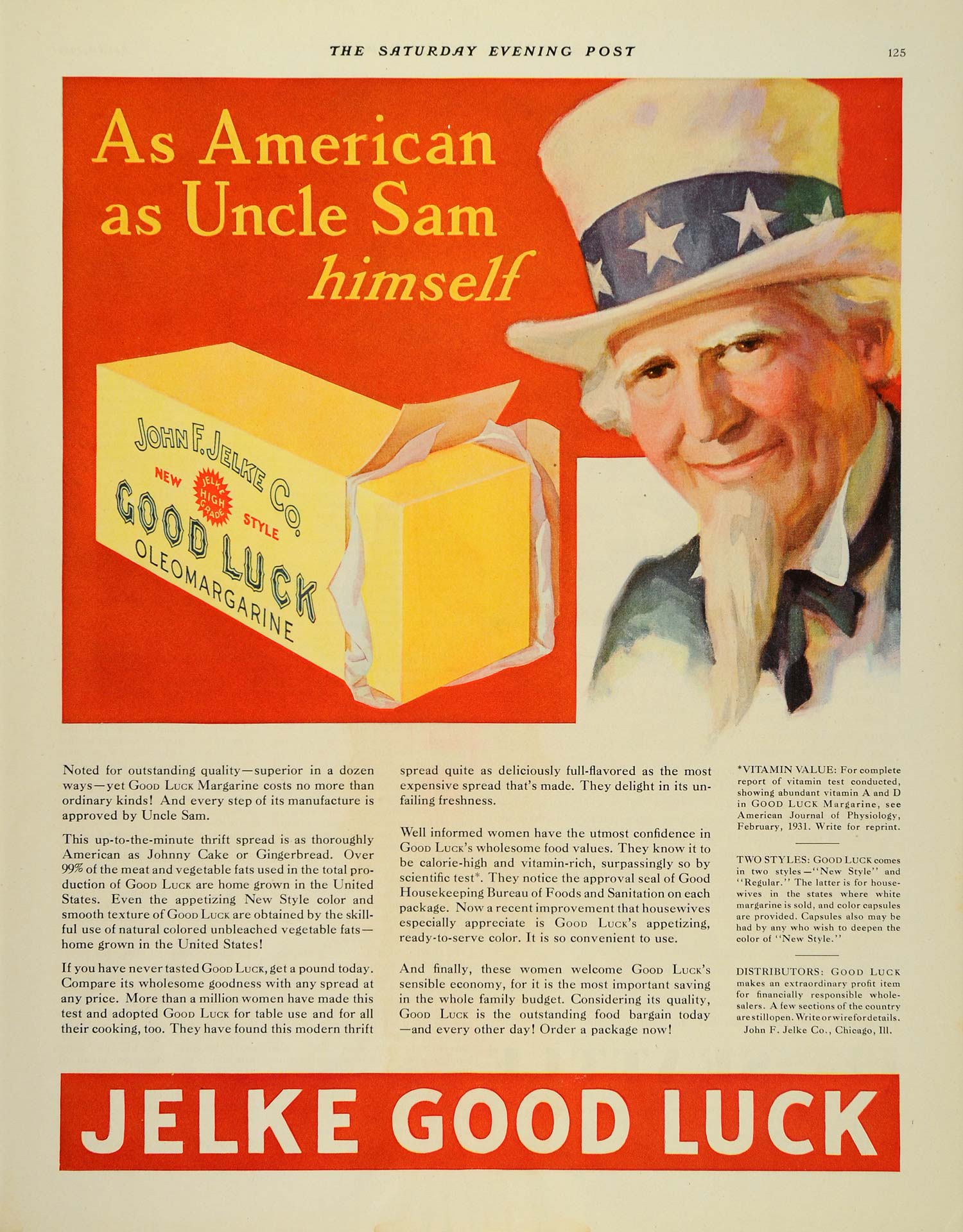 1931 Ad Uncle Sam American John F Jelke Good Luck - ORIGINAL ADVERTISING SEP3