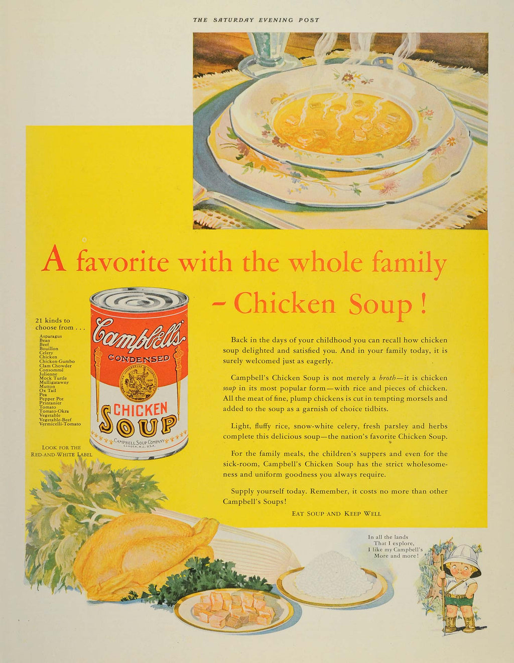 1932 Ad Campbells Chicken Soup Varieties Souper Kid - ORIGINAL ADVERTISING SEP3 - Period Paper
