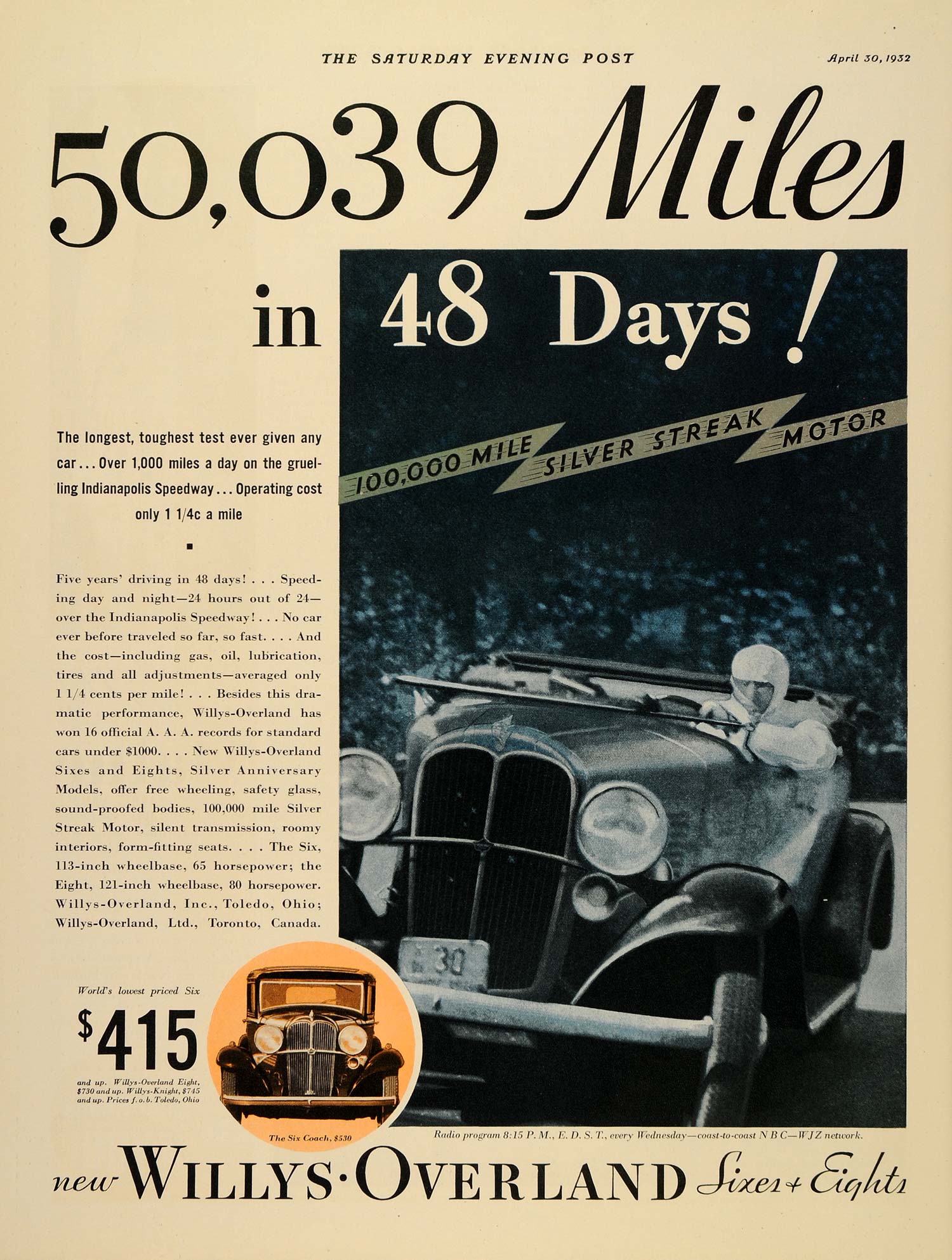 1932 Ad Willys-Overland Racing Car Silver Streak Sixes - ORIGINAL SEP3