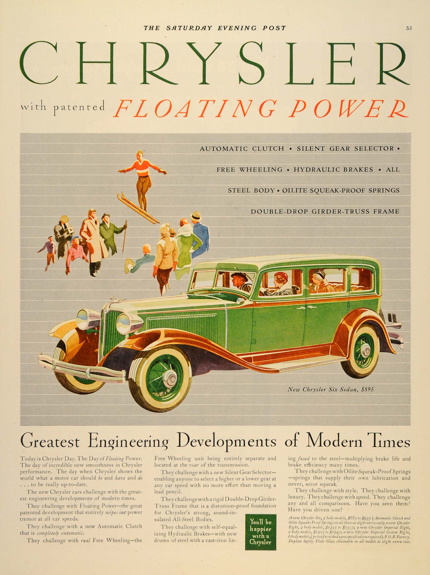 1932 Ad Chrysler Green Car Six Sedan Automatic Clutch - ORIGINAL SEP3