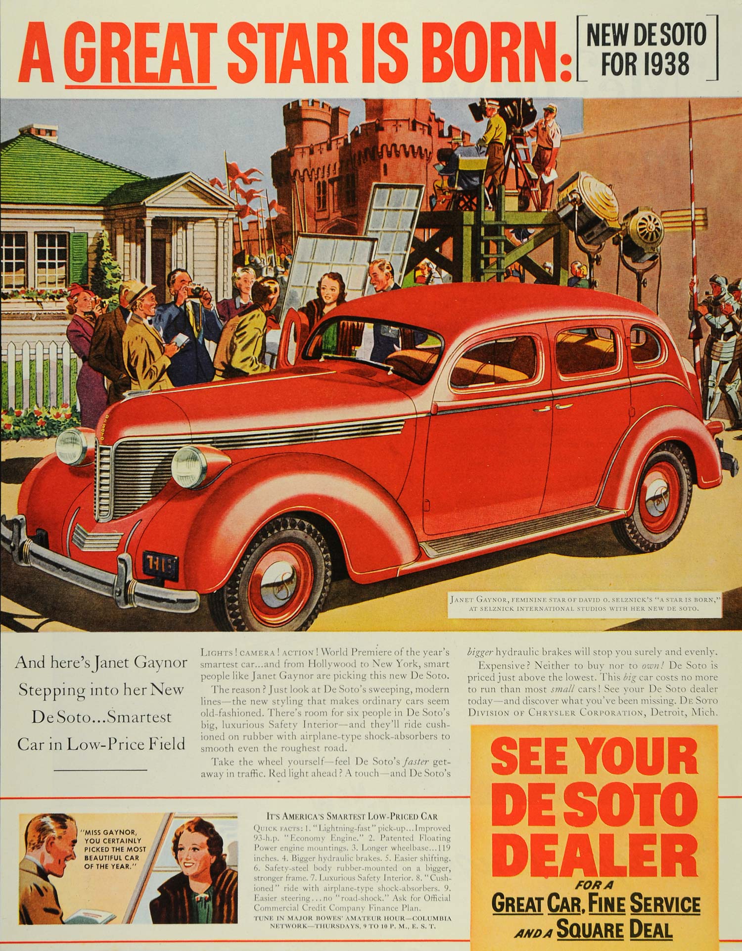 1937 Ad Chrysler DeSoto David O. Selznick Janet Gaynor - ORIGINAL SEP3