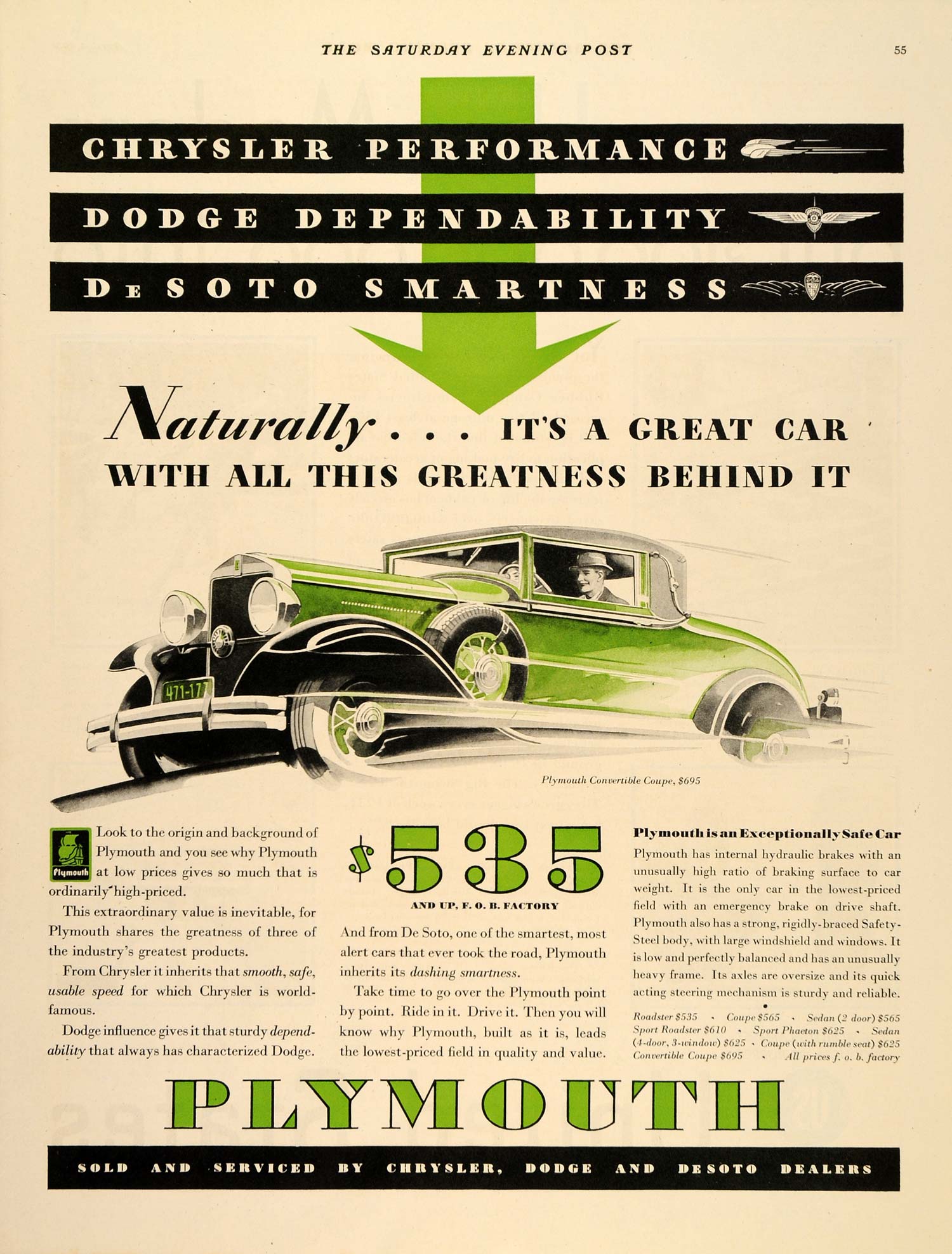 1931 Ad Chrysler Dodge Plymouth Desoto Green Car - ORIGINAL ADVERTISING SEP3